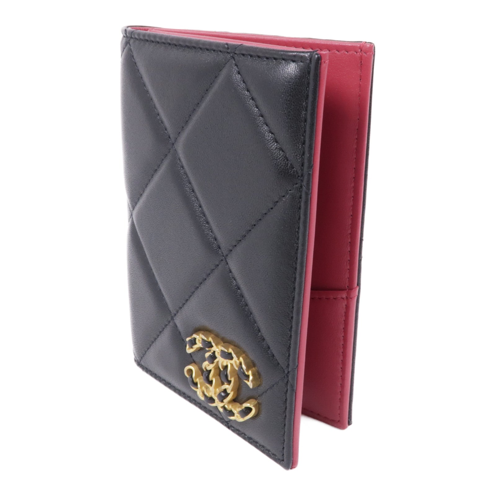 CHANEL CC GHW Card Passport Case Lambskin Leather Black