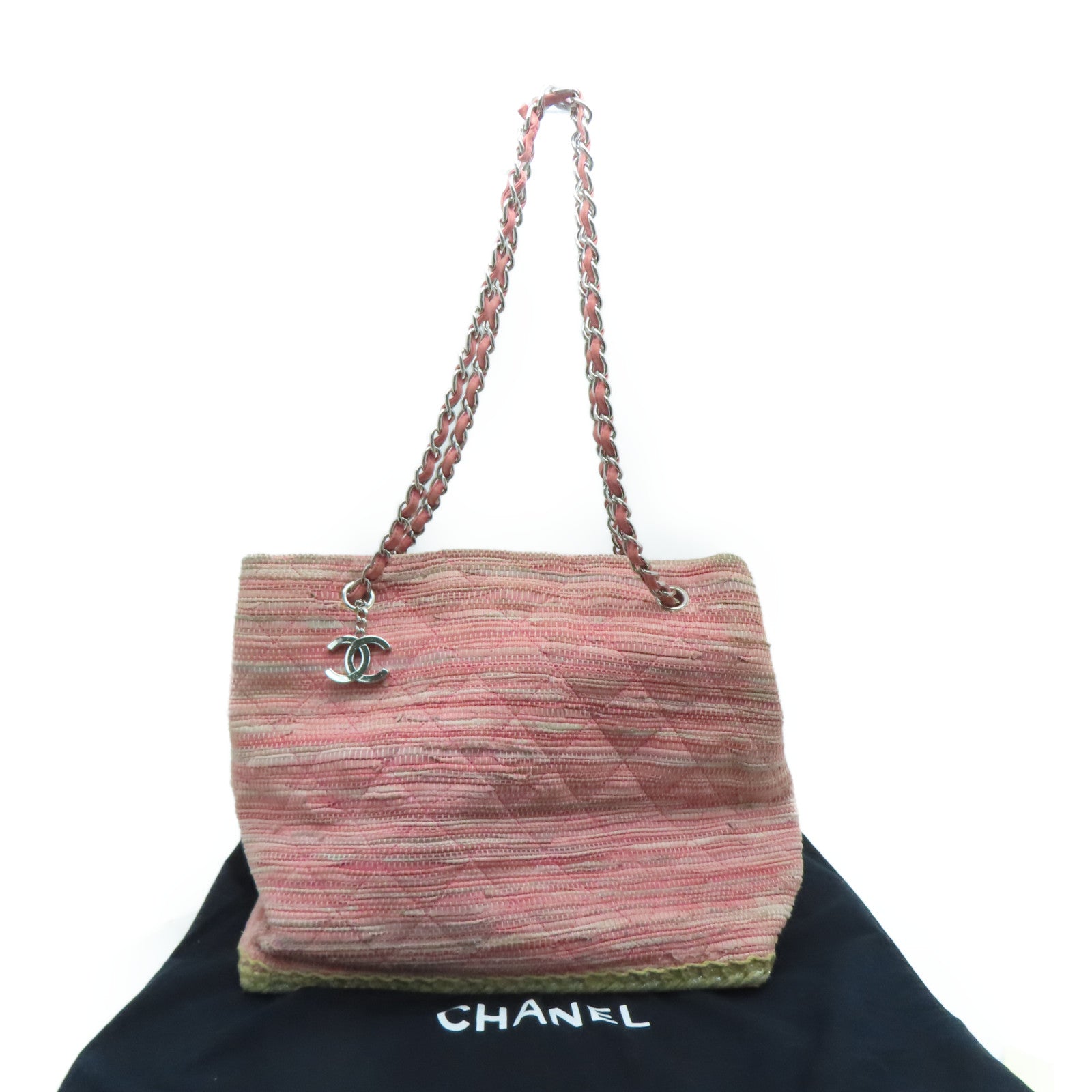 CHANEL 菱格花呢Saint Tropez Beach Bag銀扣肩背袋粉紅色