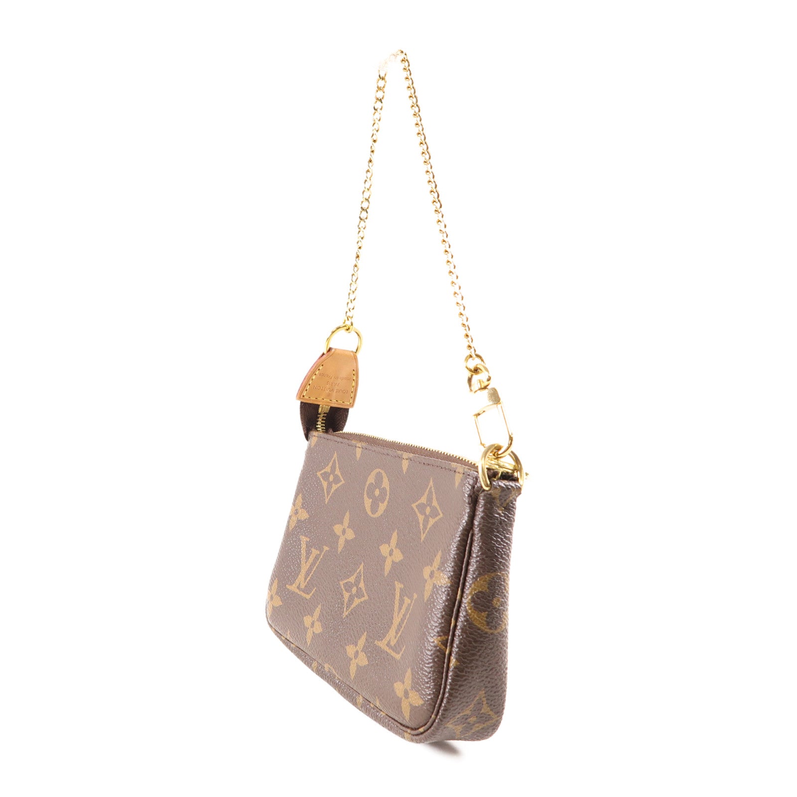 LOUIS VUITTON Monogram Mini Pochette Accessoires金扣手挽袋棕色