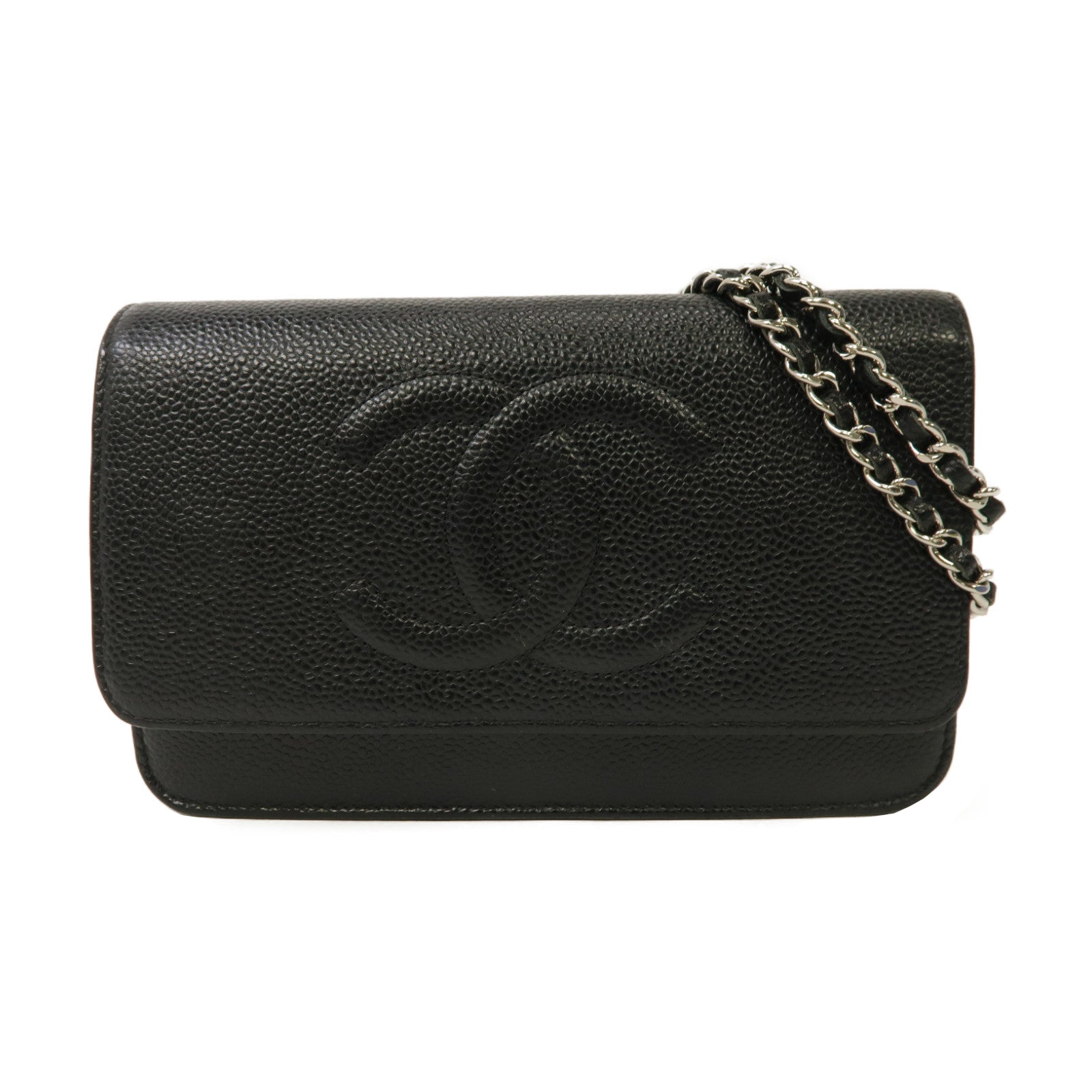 CHANEL Caviar皮革Wallet On Chain銀扣鏈帶肩背袋黑色