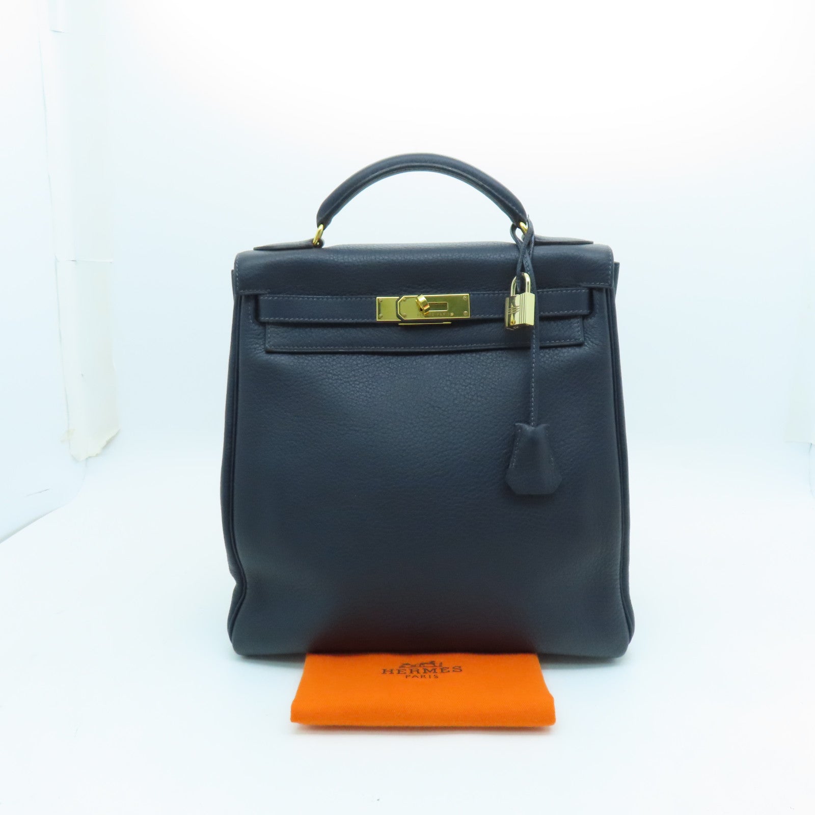 HERMES Clemence Leather Kelly Ado GM Gold Buckle Backpack Dark Indigo