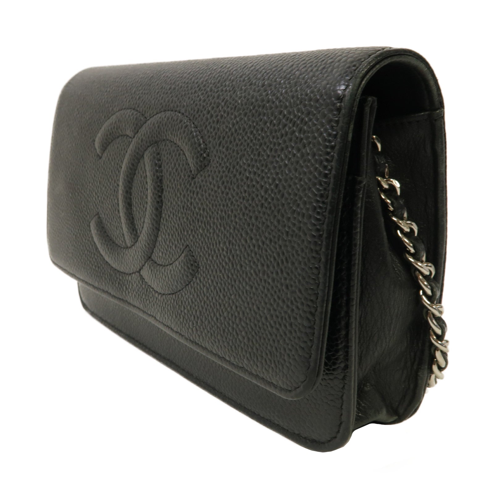 CHANEL Caviar皮革Wallet On Chain銀扣鏈帶肩背袋黑色