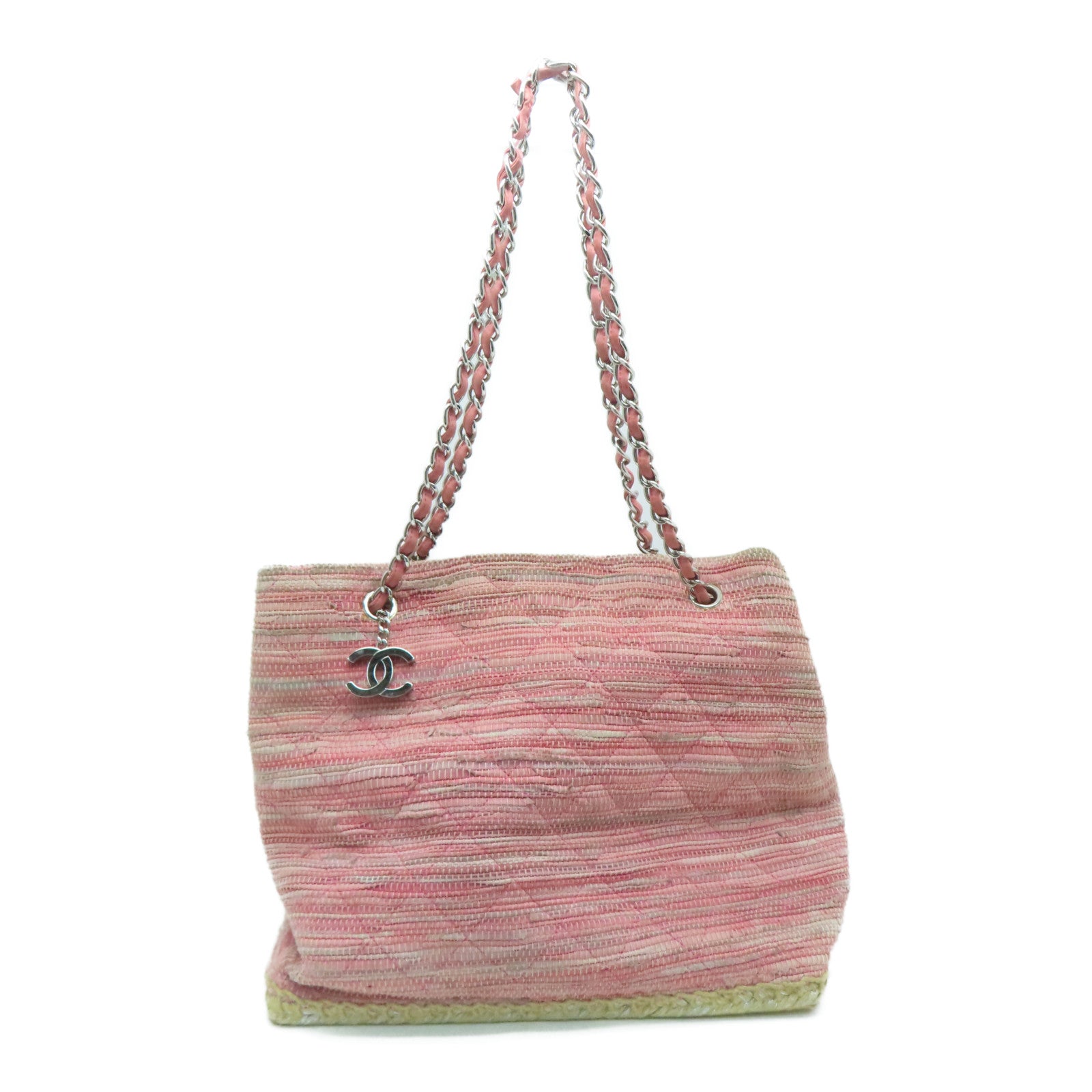 CHANEL 菱格花呢Saint Tropez Beach Bag銀扣肩背袋粉紅色