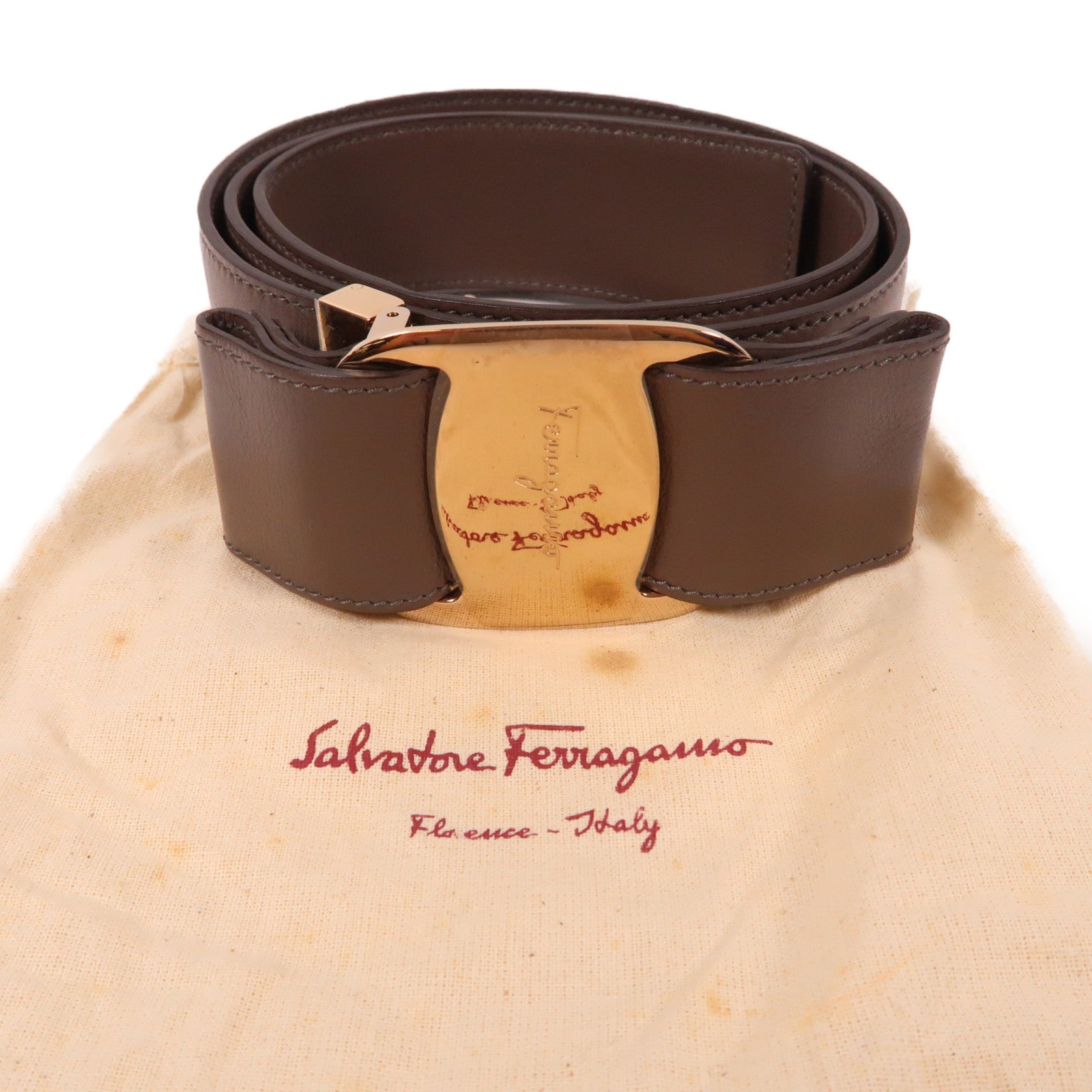 Salvatore Ferragamo 牛皮皮革Belt金扣皮帶啡色