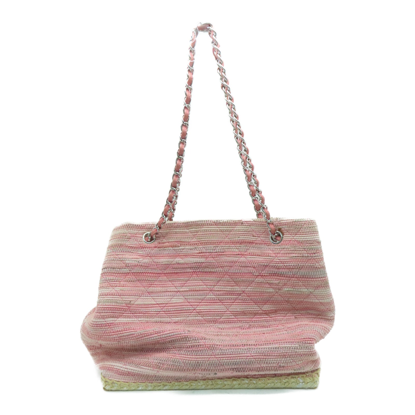 CHANEL 菱格花呢Saint Tropez Beach Bag銀扣肩背袋粉紅色