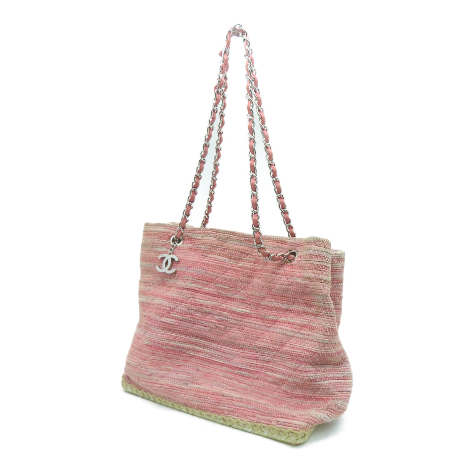 CHANEL 菱格花呢Saint Tropez Beach Bag銀扣肩背袋粉紅色