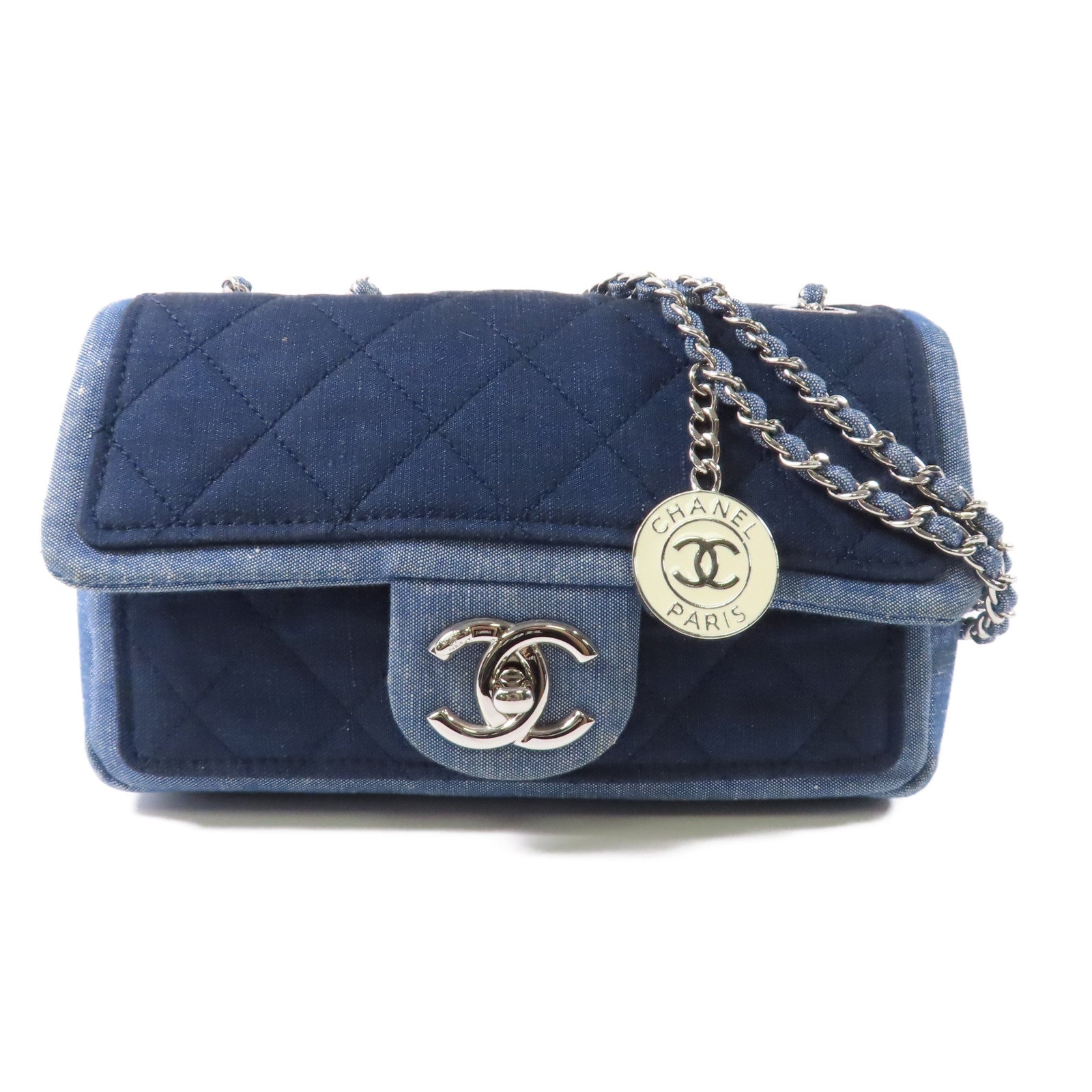 CHANEL 菱格牛仔布Chain Shoulder銀扣鏈帶肩背袋藍色