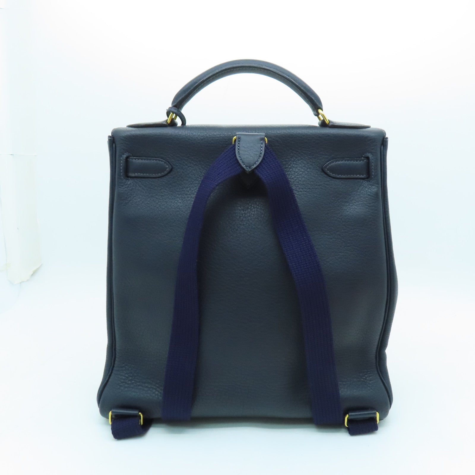 HERMES Clemence Leather Kelly Ado GM Gold Buckle Backpack Dark Indigo