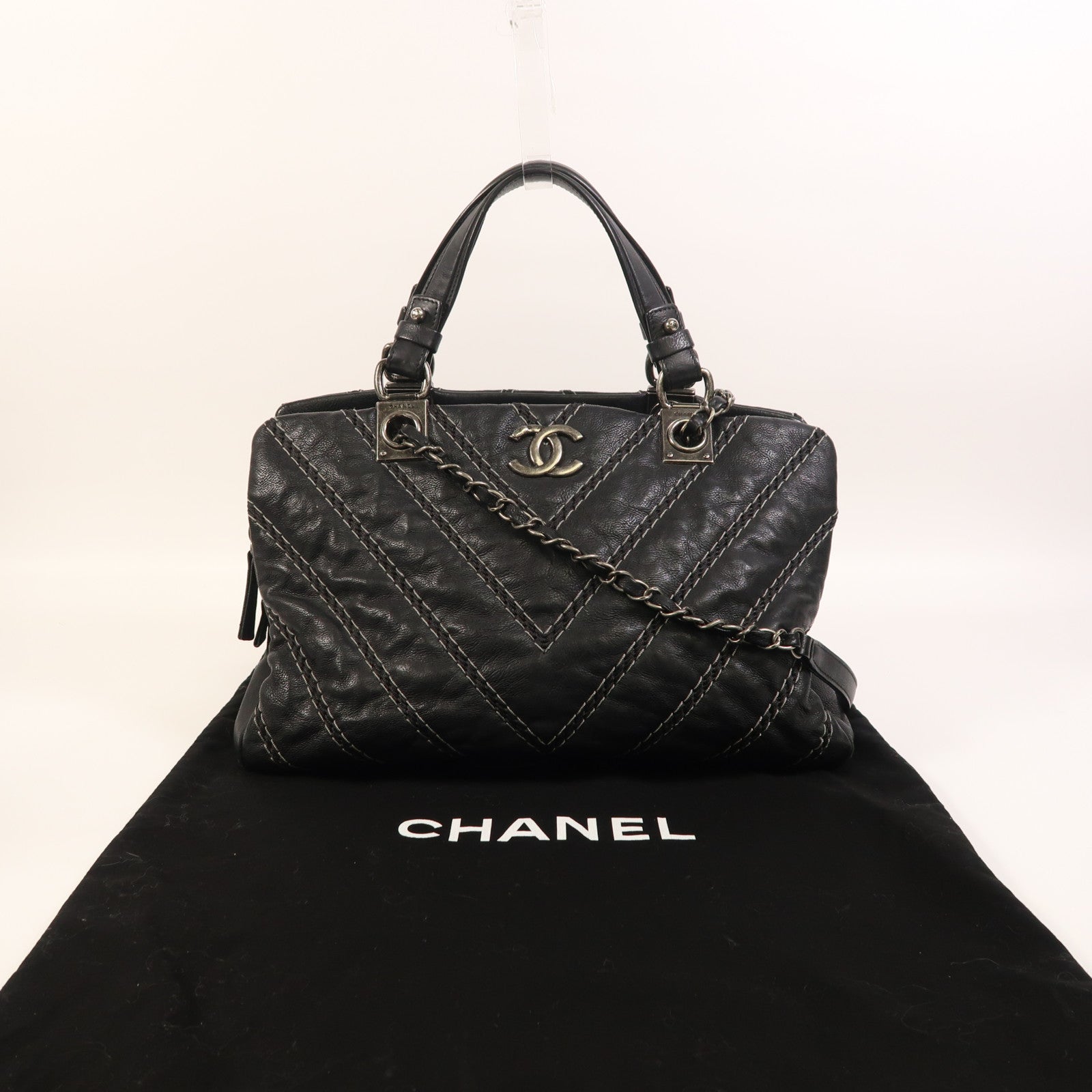 CHANEL 牛皮皮革2 Way Shoulder銀扣手挽肩背兩用袋