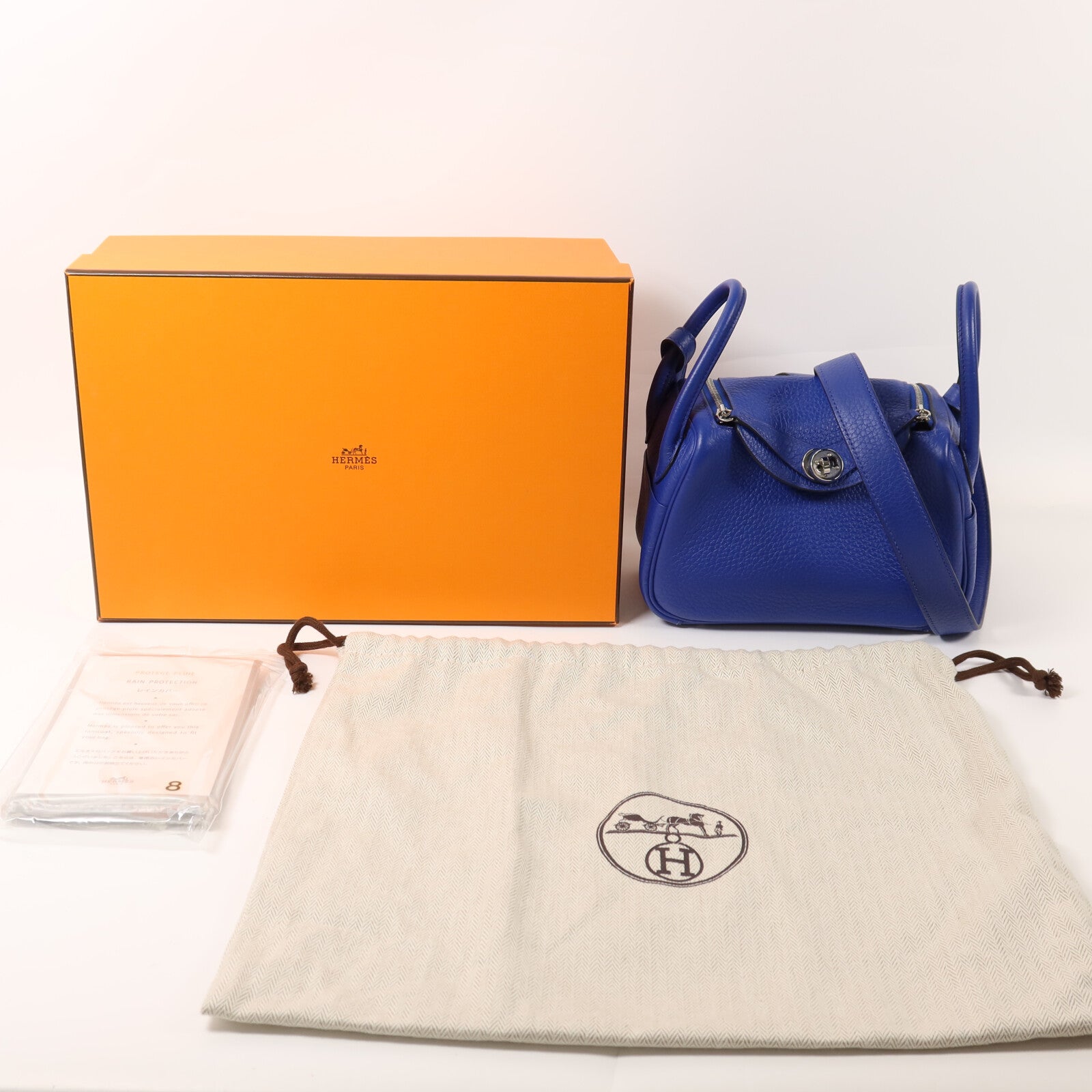 HERMES Clemence皮革Mini Lindy銀扣手挽肩背兩用袋Bleu Electrique