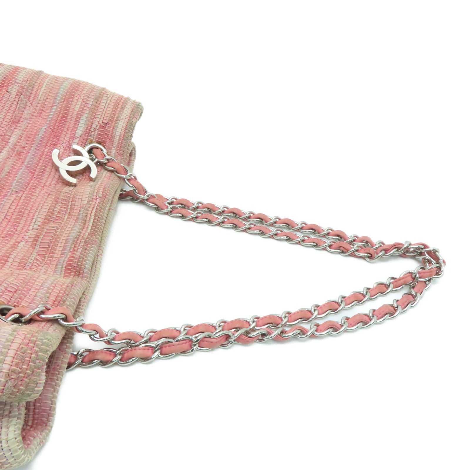 CHANEL 菱格花呢Saint Tropez Beach Bag銀扣肩背袋粉紅色