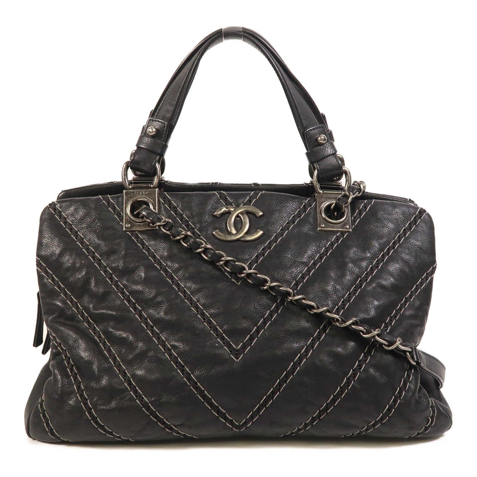 CHANEL 牛皮皮革2 Way Shoulder銀扣手挽肩背兩用袋