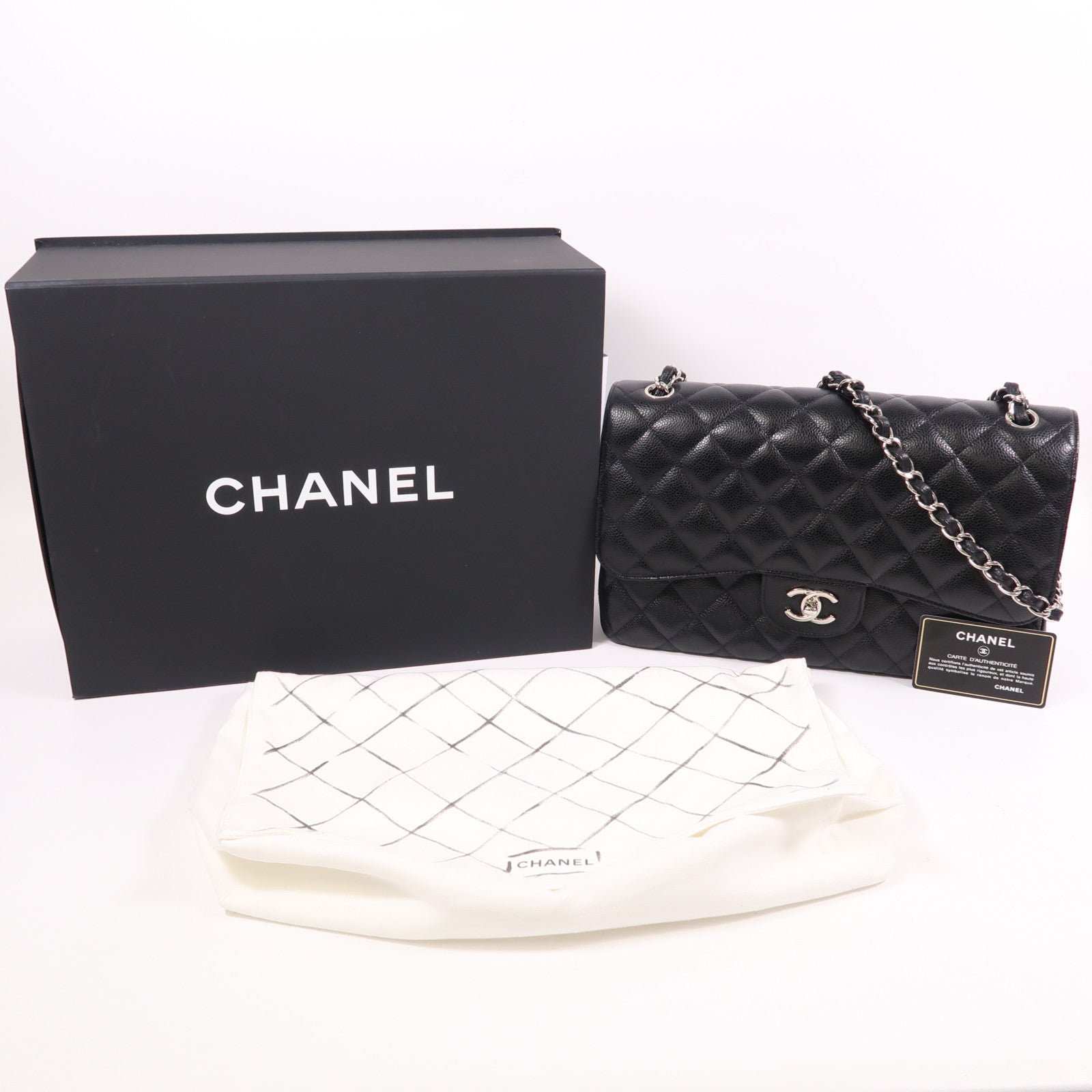 CHANEL 牛皮皮革Large Classic銀扣鏈帶肩背袋