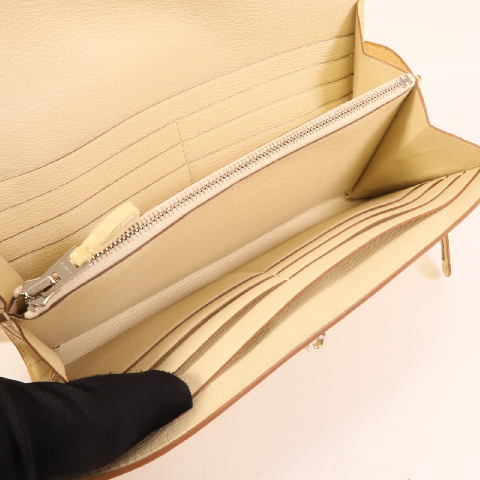 HERMES 【激減優惠】Alligator Mat皮革Kelly Ghillies Wallet Vanille