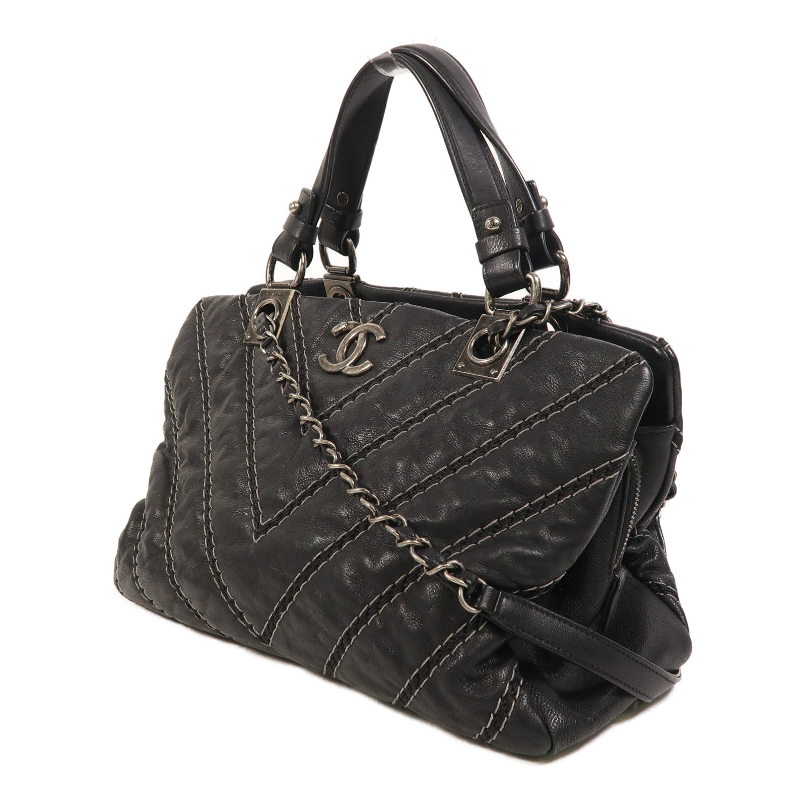 CHANEL 牛皮皮革2 Way Shoulder銀扣手挽肩背兩用袋