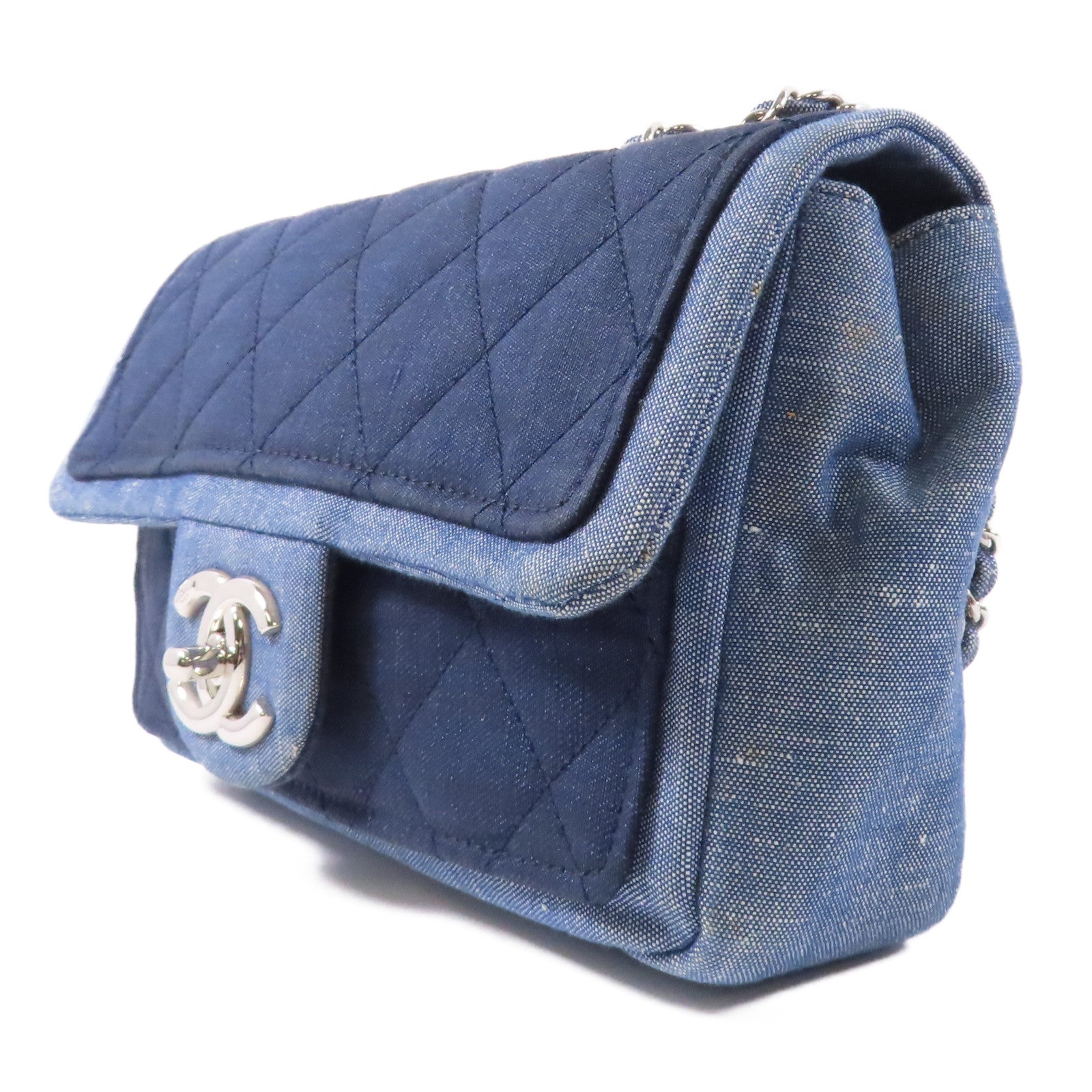 CHANEL 菱格牛仔布Chain Shoulder銀扣鏈帶肩背袋藍色