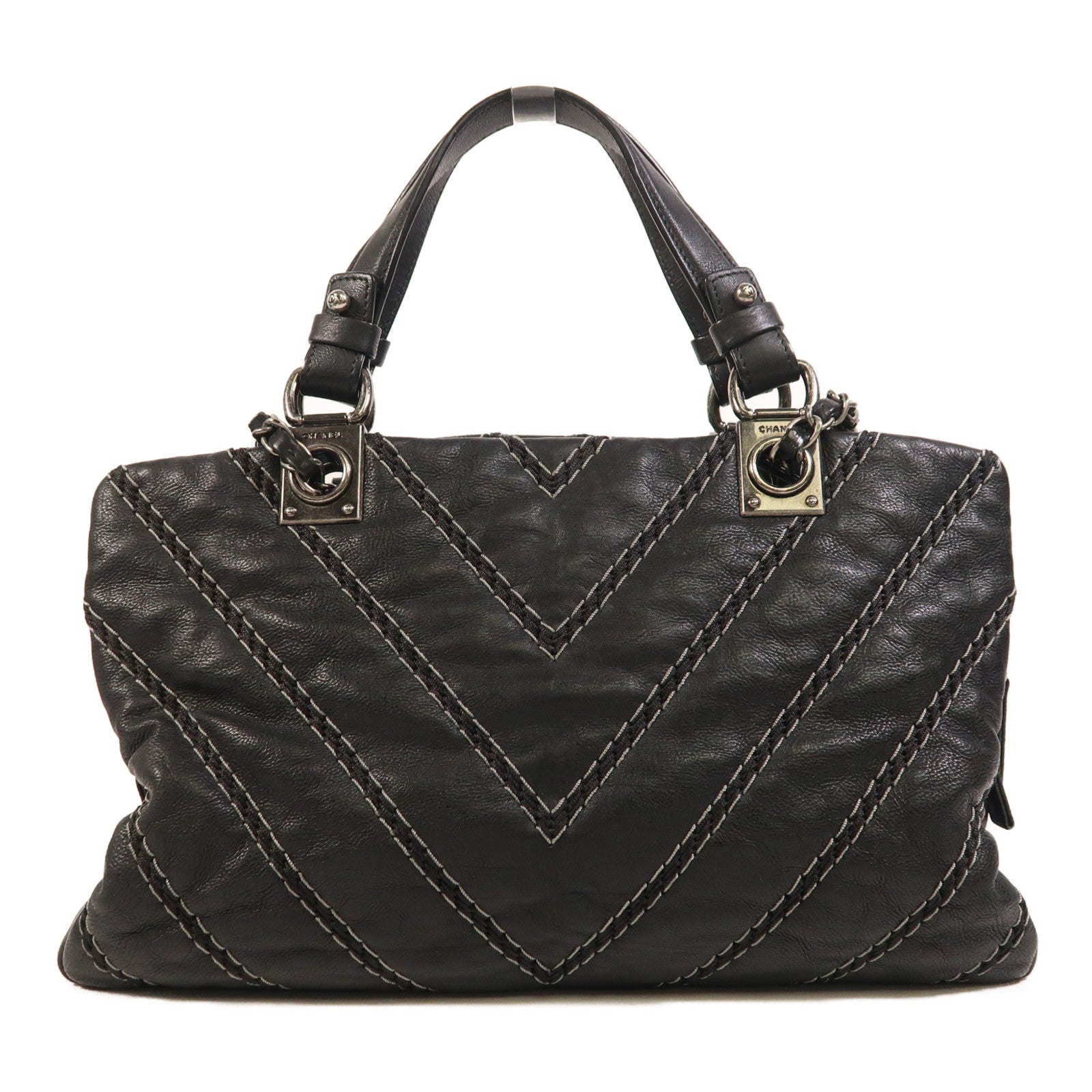 CHANEL 牛皮皮革2 Way Shoulder銀扣手挽肩背兩用袋