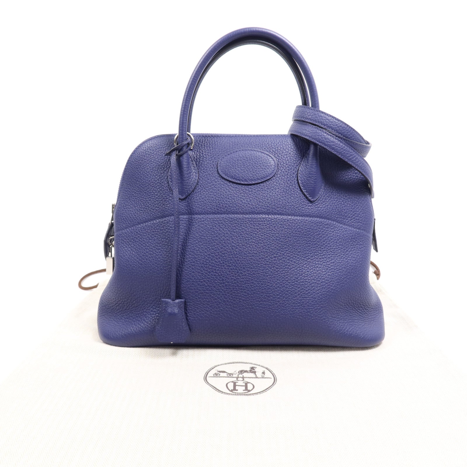 HERMES Clemence皮革Bolide 31金扣手挽袋Bleu Encre