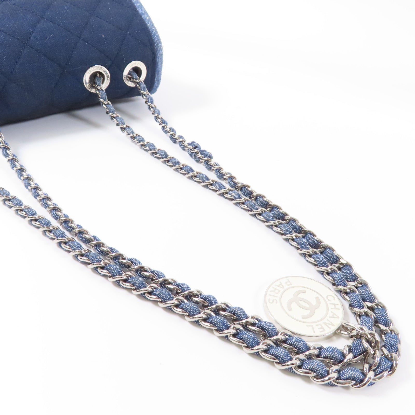 CHANEL 菱格牛仔布Chain Shoulder銀扣鏈帶肩背袋藍色