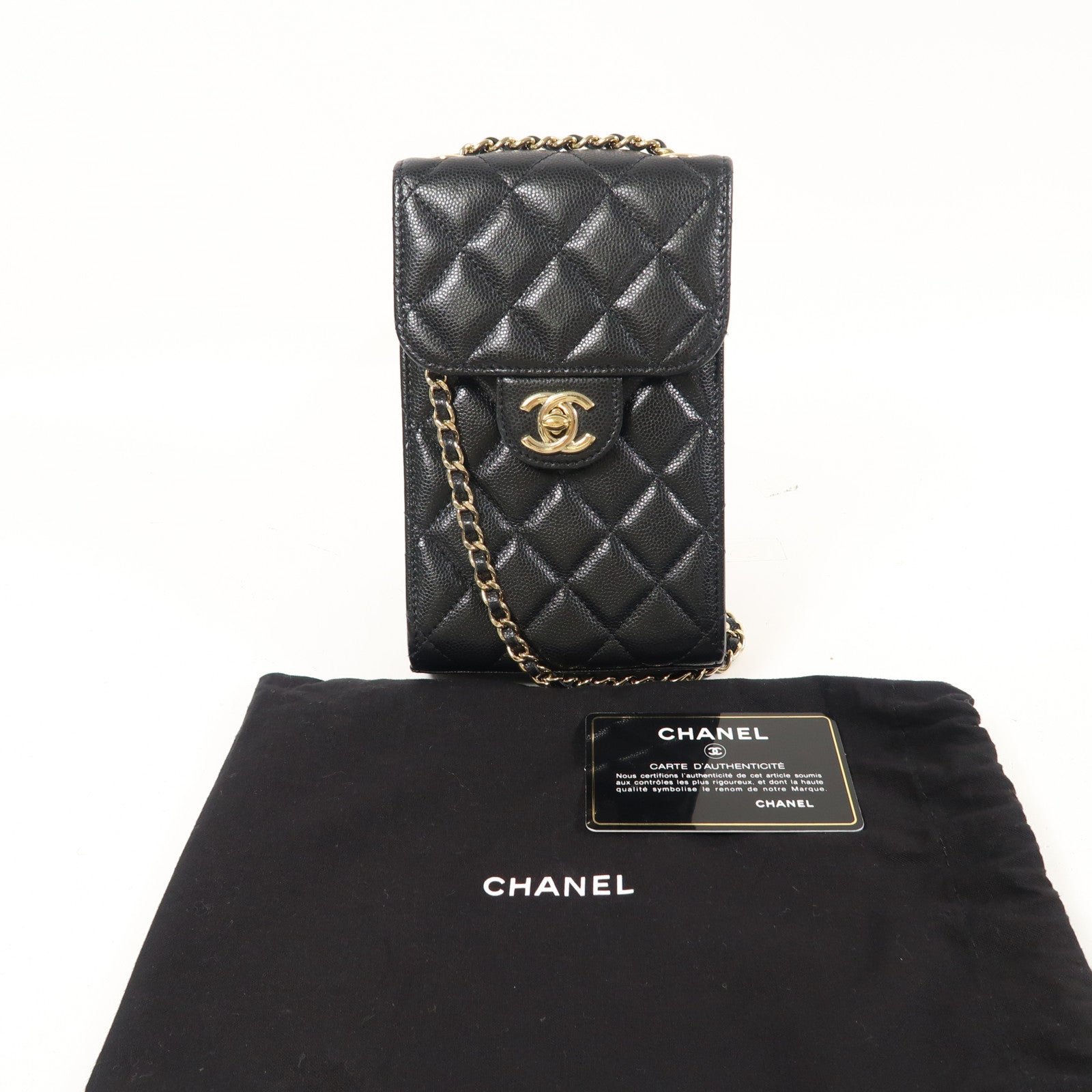 CHANEL 牛皮皮革Phone Bag金扣鏈帶肩背袋