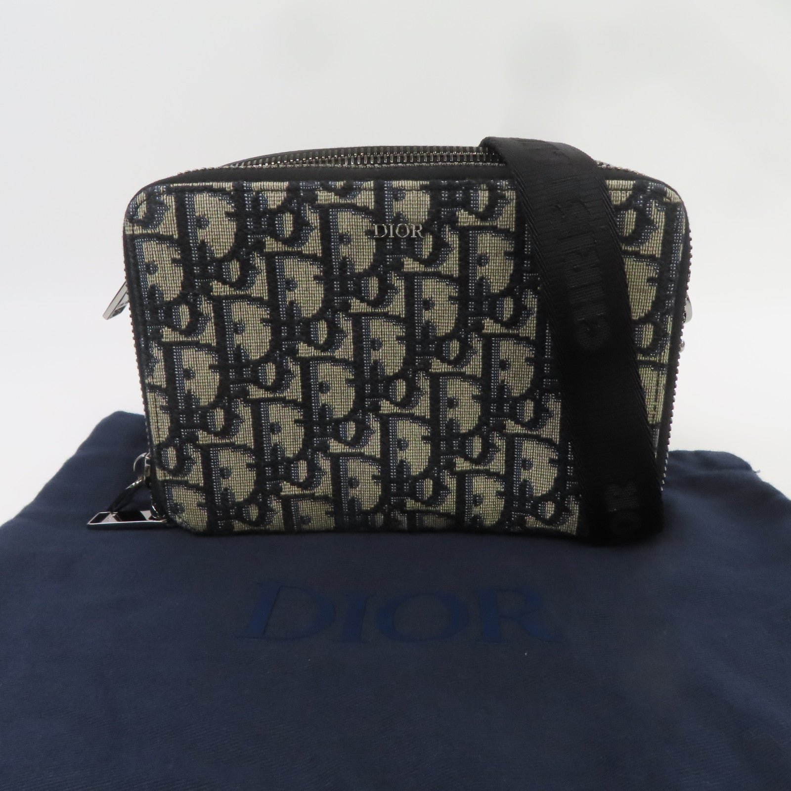 Dior Oblique帆布Zipped Pouch with Strap銀扣肩背袋藍色/米色