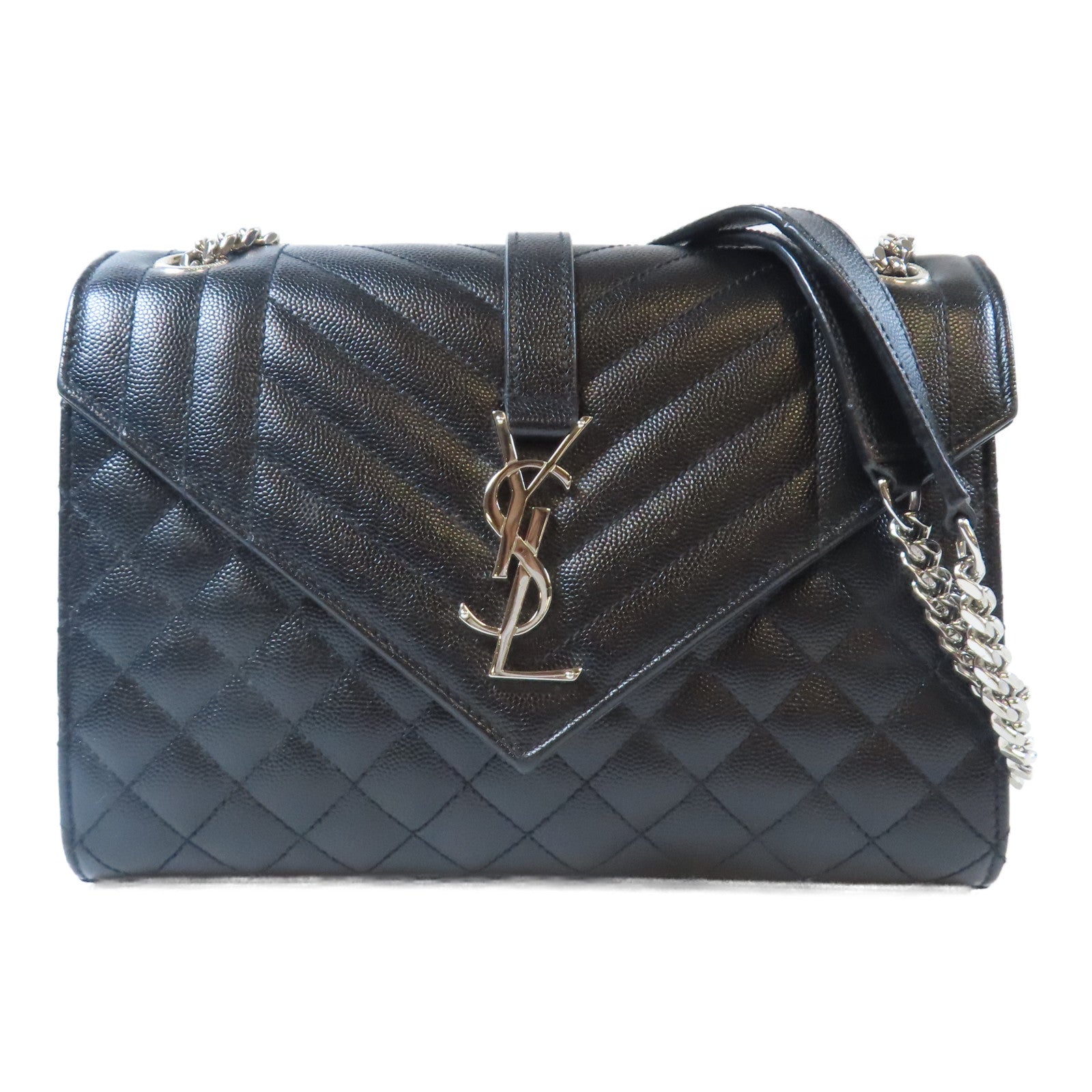 SAINT LAURENT 牛皮皮革Envelope銀扣肩背袋黑色