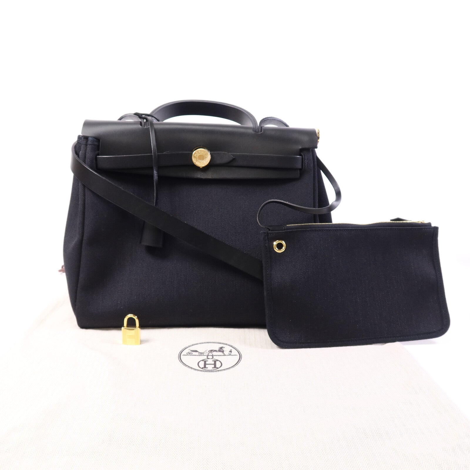 HERMES 帆布Herbag PM金扣手挽肩背兩用袋Noir