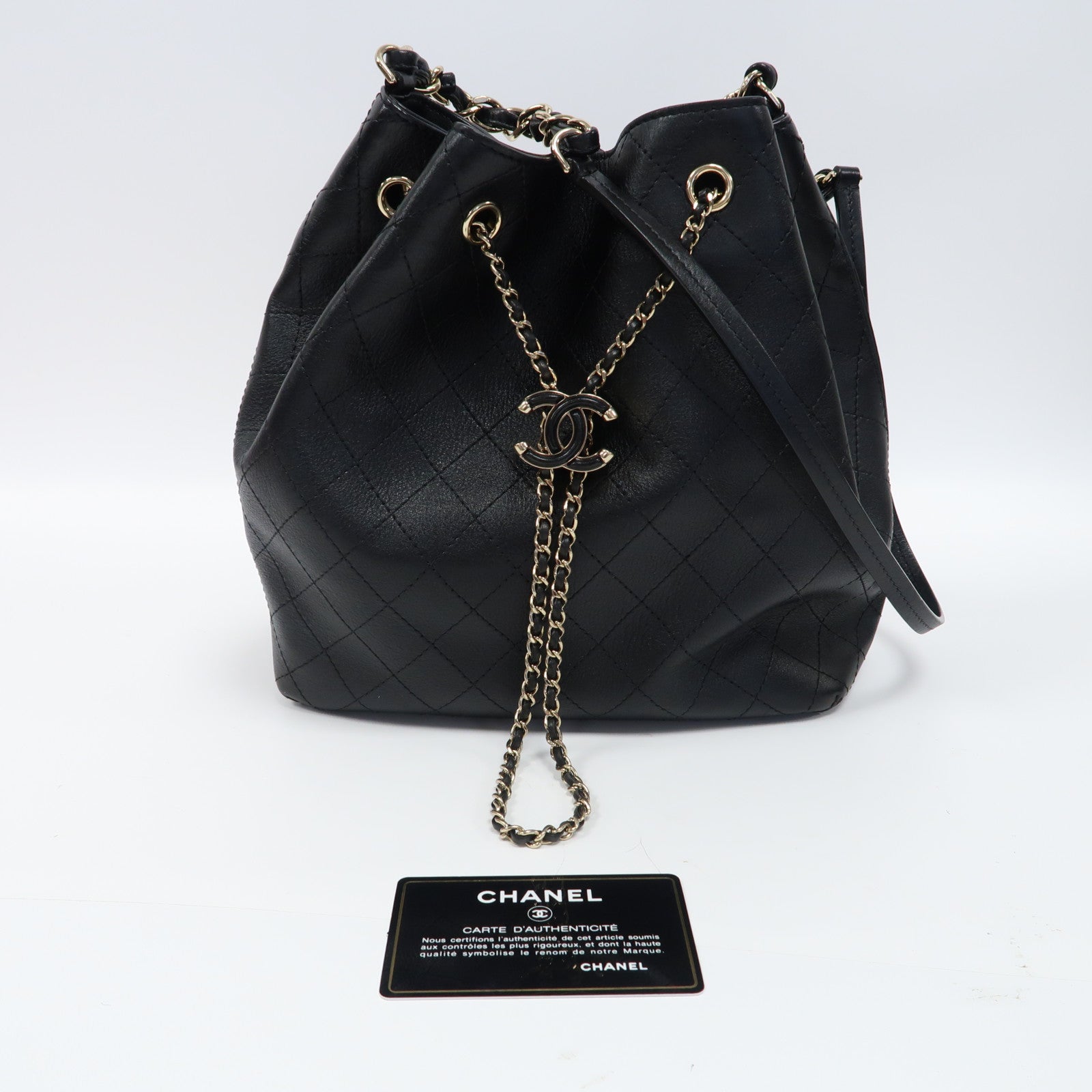 CHANEL 菱格牛皮皮革Chain Shoulder Bag金扣鏈帶肩背袋黑色