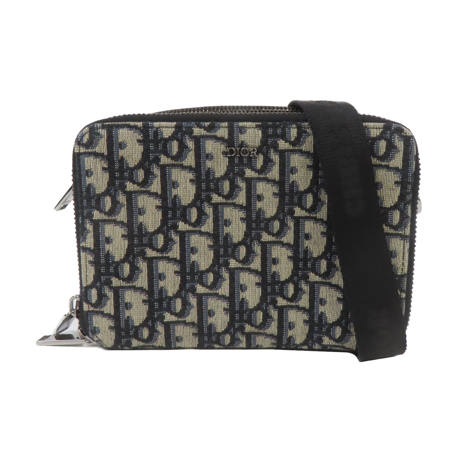 Dior Oblique帆布Zipped Pouch with Strap銀扣肩背袋藍色/米色