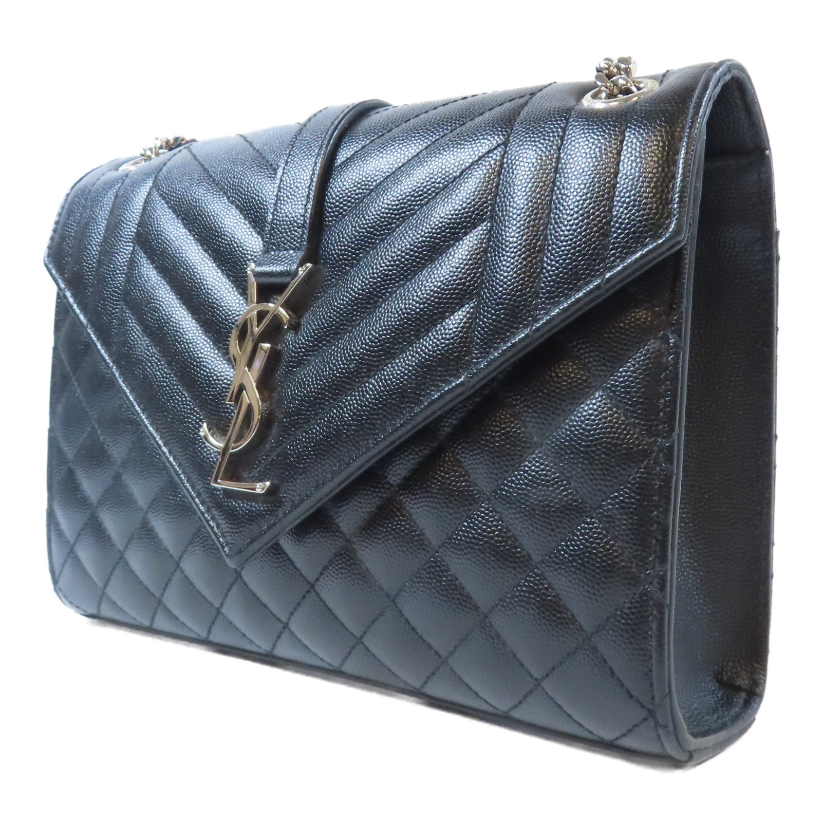 SAINT LAURENT 牛皮皮革Envelope銀扣肩背袋黑色