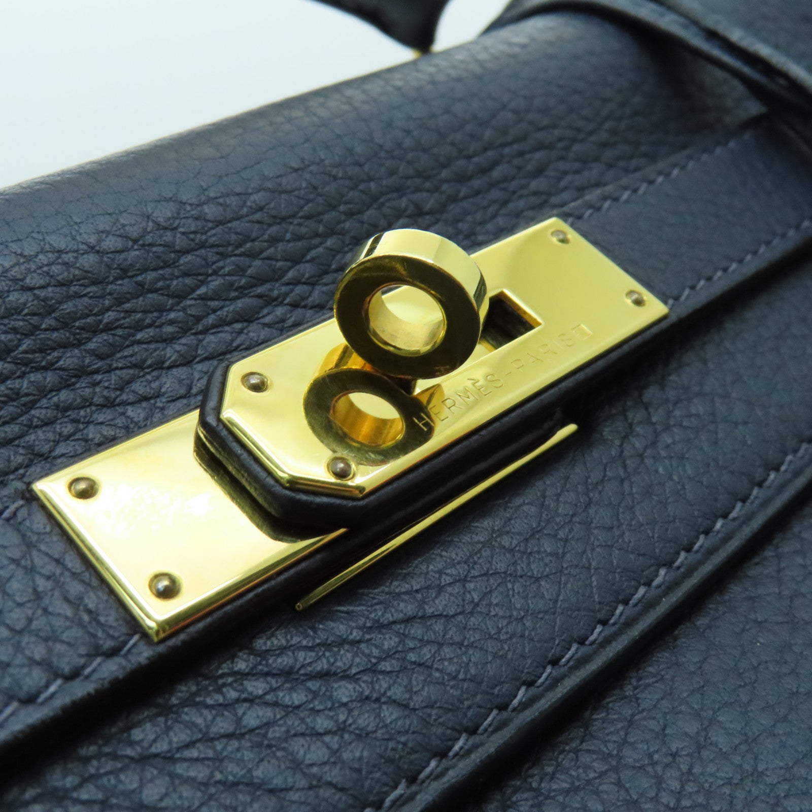 HERMES Clemence Leather Kelly Ado GM Gold Buckle Backpack Dark Indigo