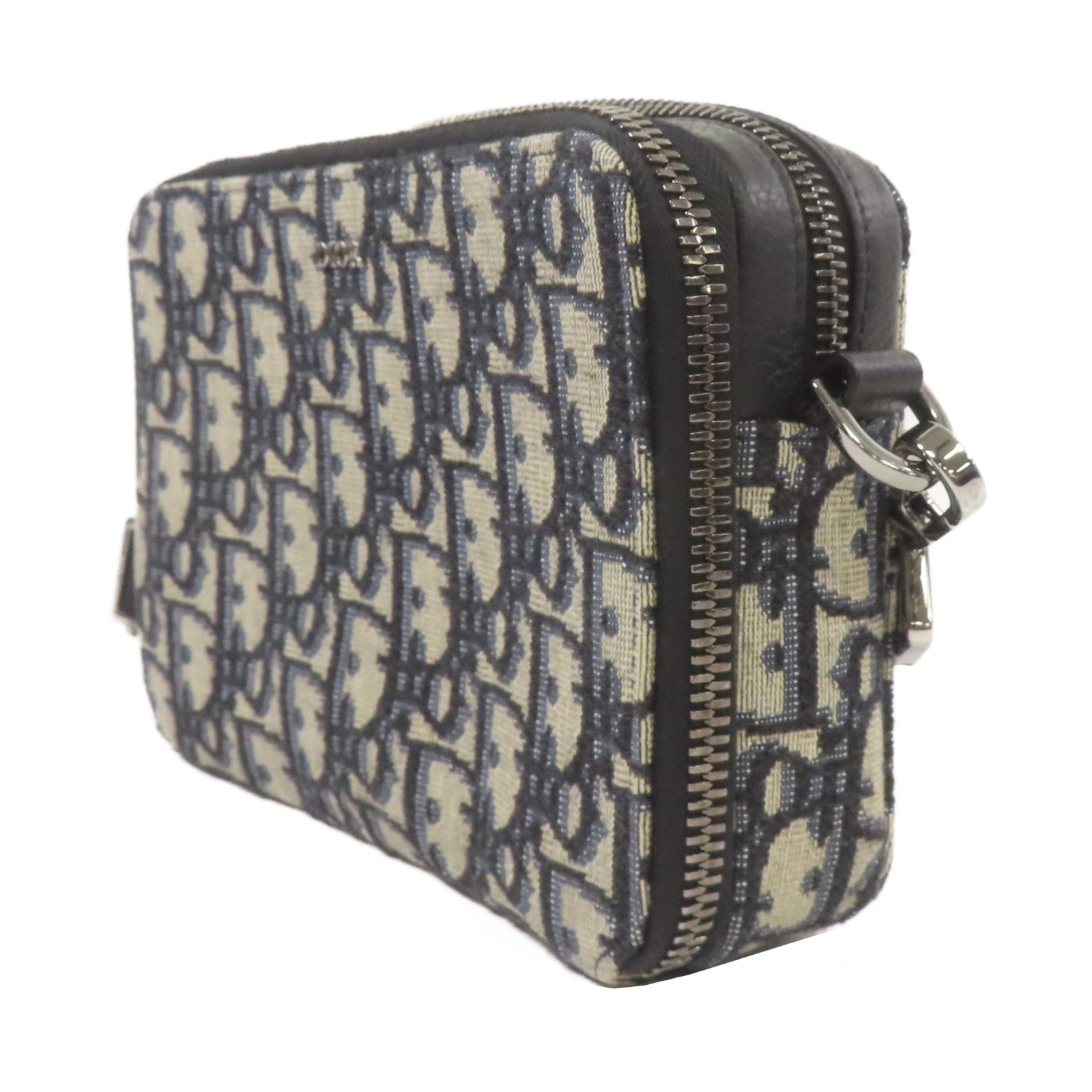 Dior Oblique帆布Zipped Pouch with Strap銀扣肩背袋藍色/米色