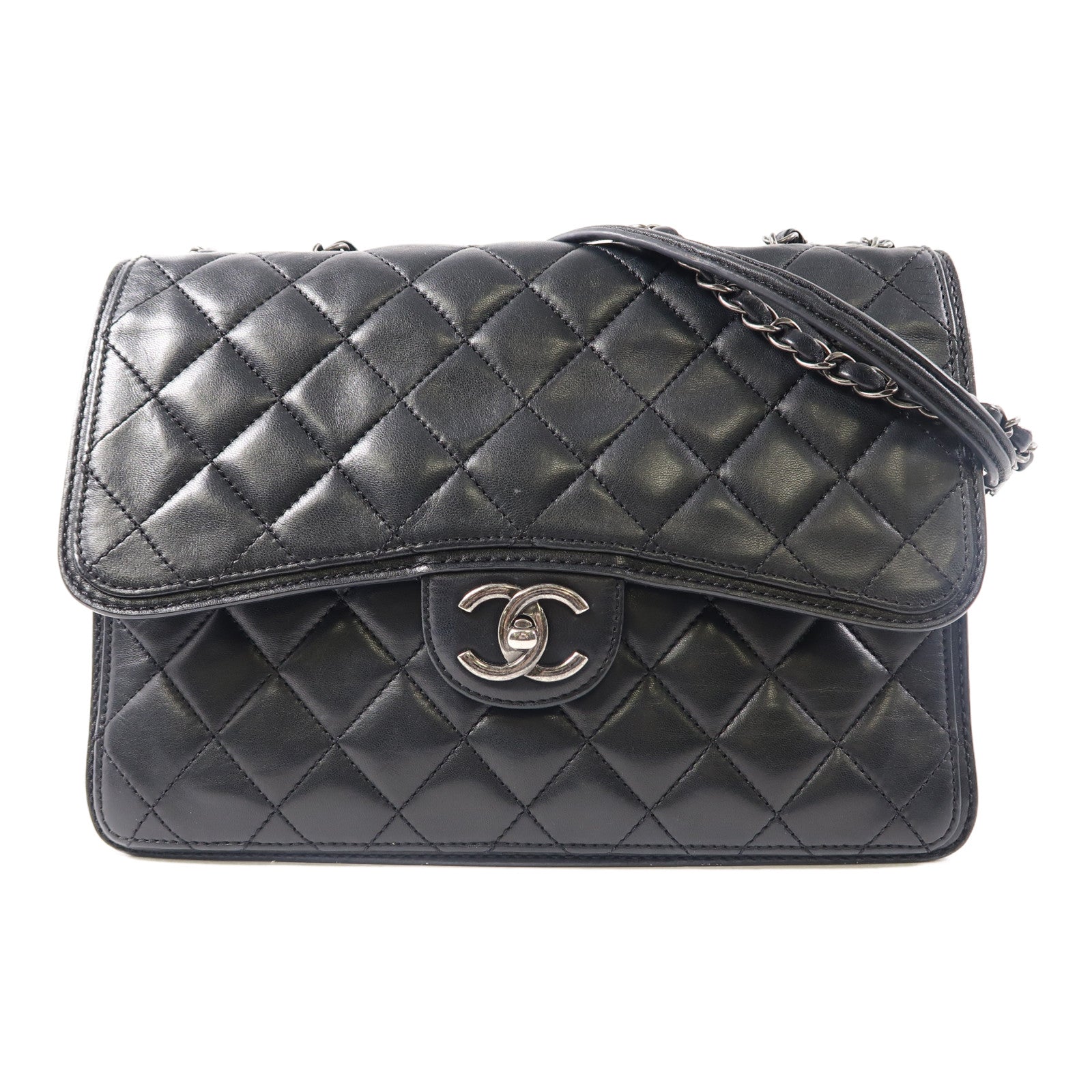 CHANEL 菱格牛皮皮革Chain Shoulder銀扣鏈帶肩背袋黑色