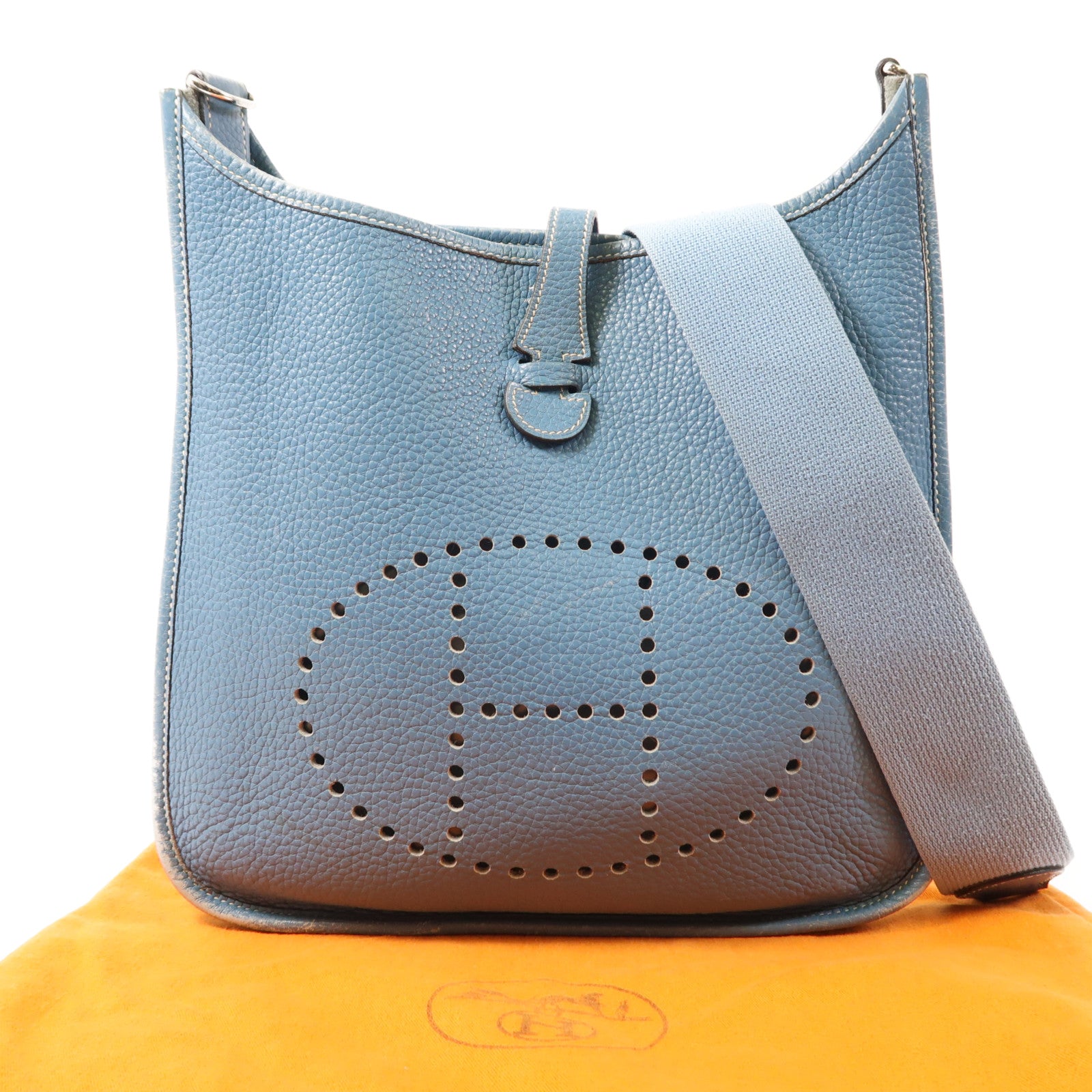 HERMES Clemence皮革Evelyne PM銀扣肩背袋Bleu Jean