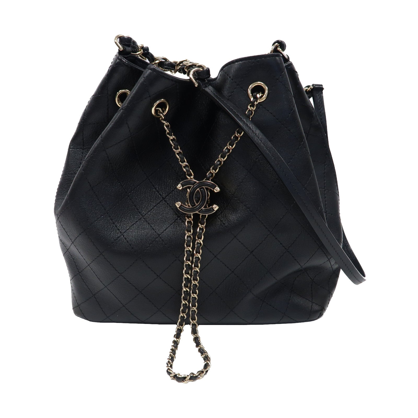 CHANEL 菱格牛皮皮革Chain Shoulder Bag金扣鏈帶肩背袋黑色