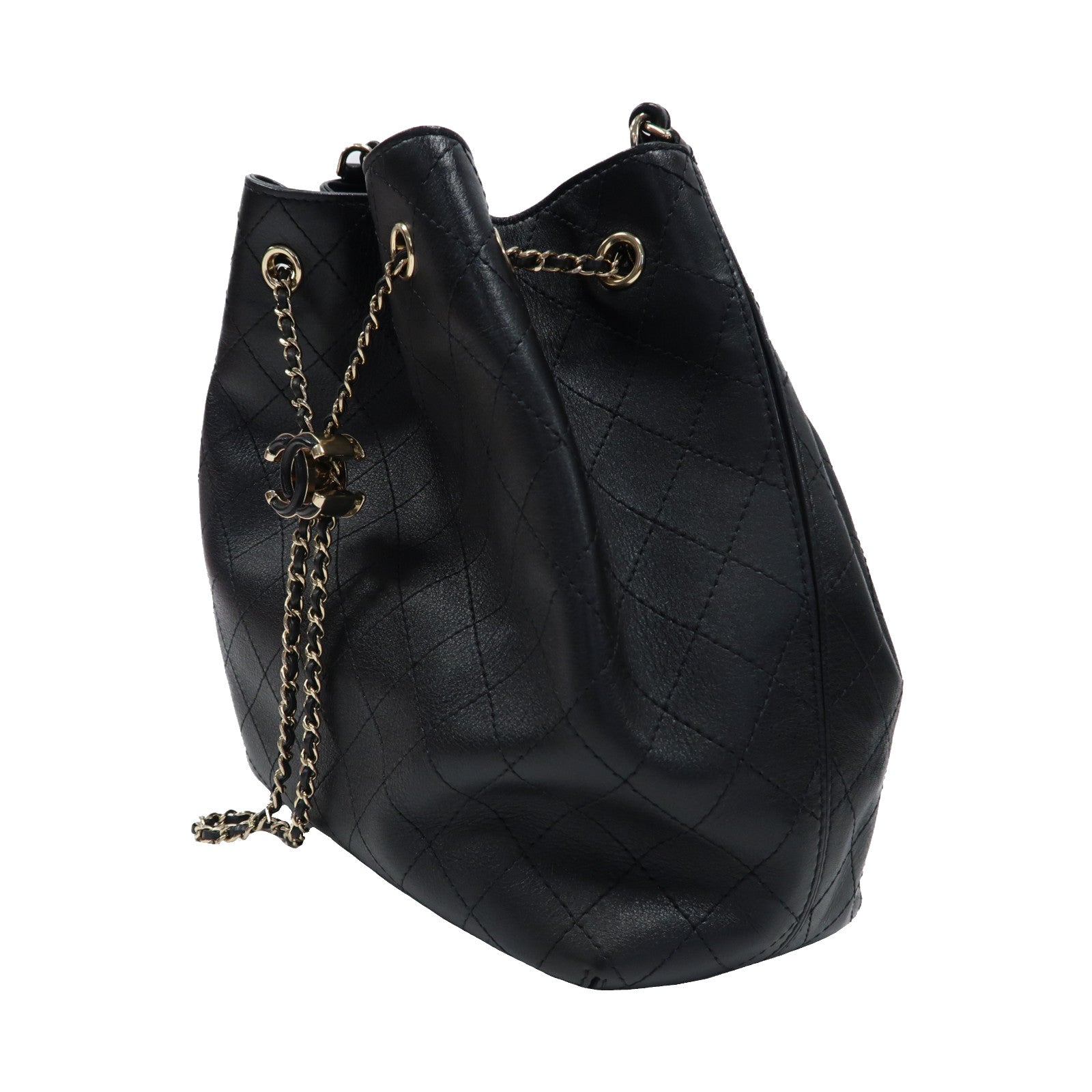 CHANEL 菱格牛皮皮革Chain Shoulder Bag金扣鏈帶肩背袋黑色