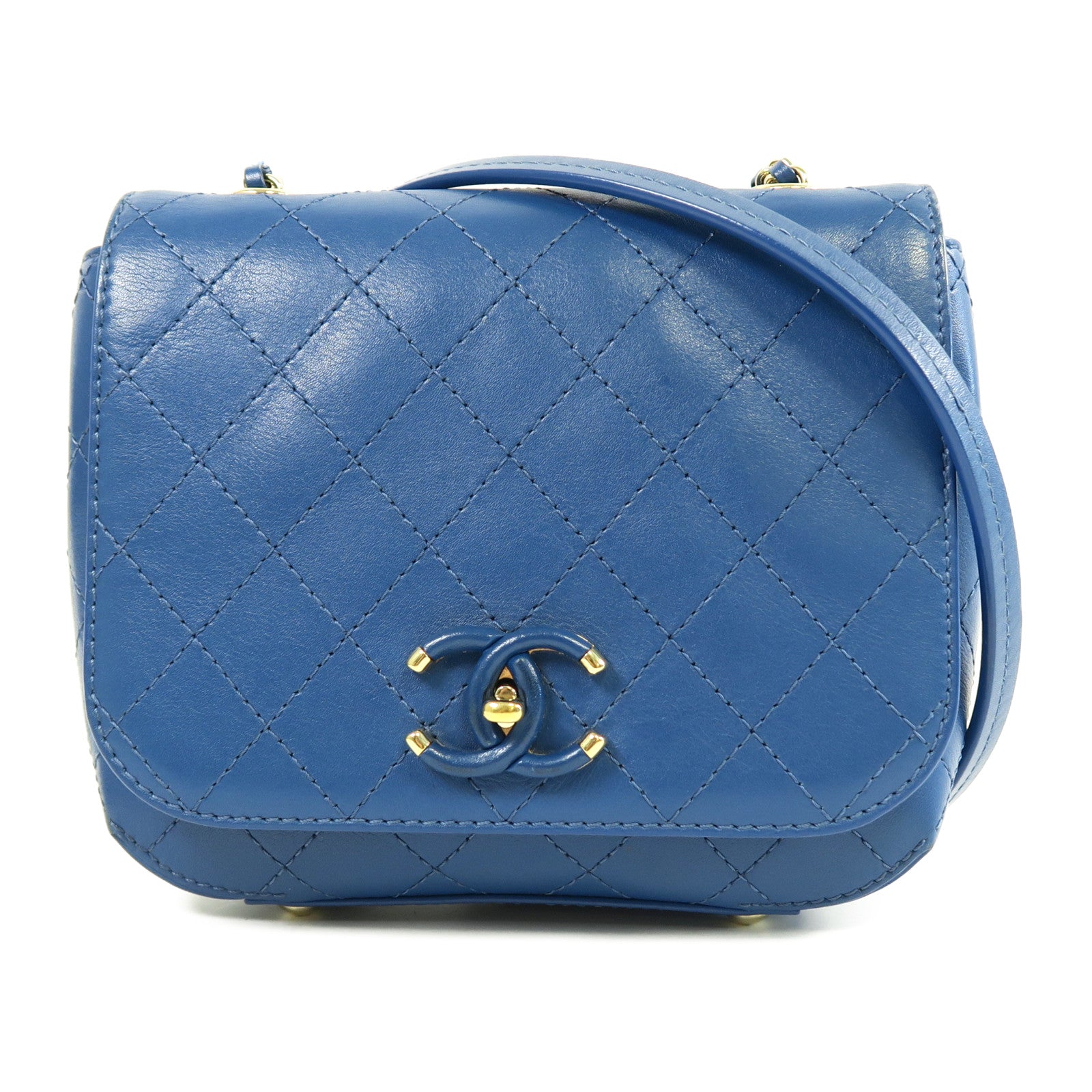 CHANEL 【激減優惠】菱格牛皮皮革Chain Shoulder金扣鏈帶肩背袋藍色