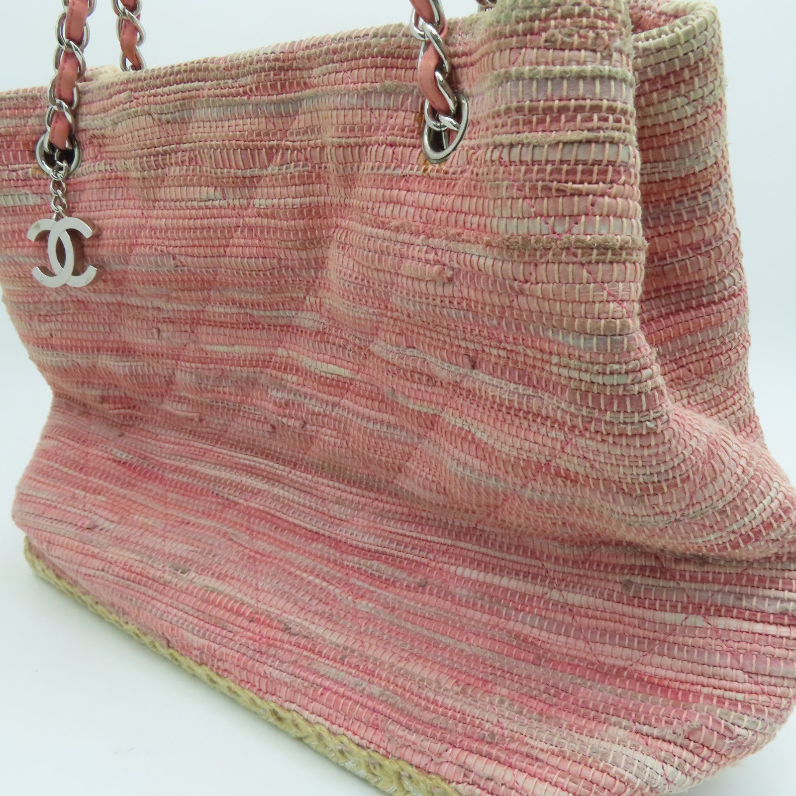 CHANEL 菱格花呢Saint Tropez Beach Bag銀扣肩背袋粉紅色