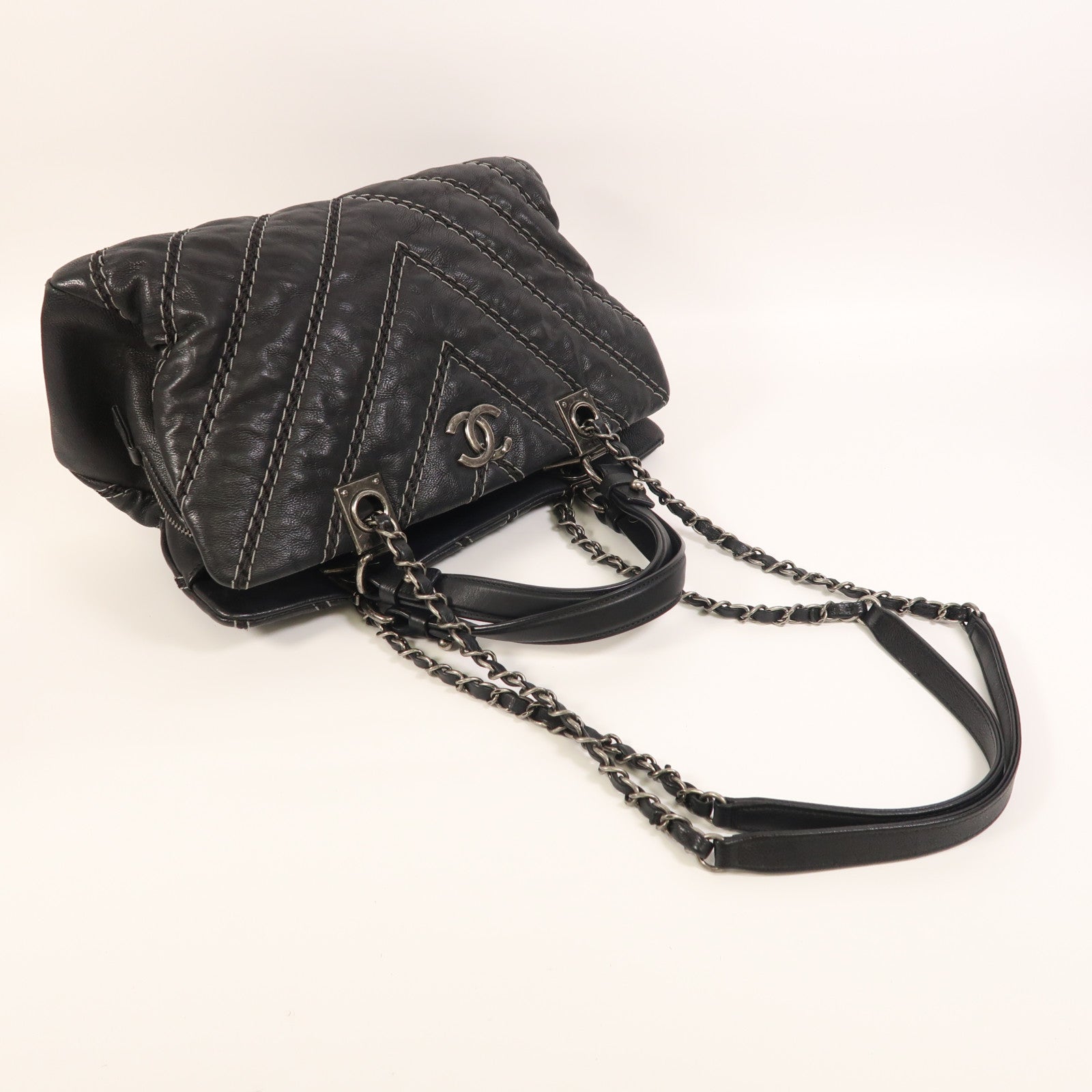 CHANEL 牛皮皮革2 Way Shoulder銀扣手挽肩背兩用袋