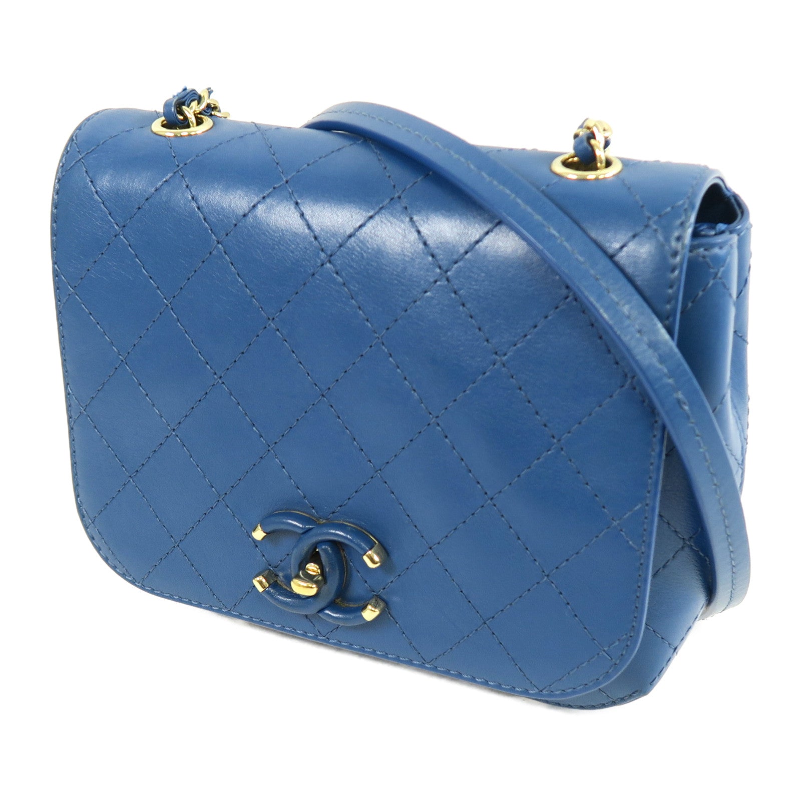 CHANEL 【激減優惠】菱格牛皮皮革Chain Shoulder金扣鏈帶肩背袋藍色