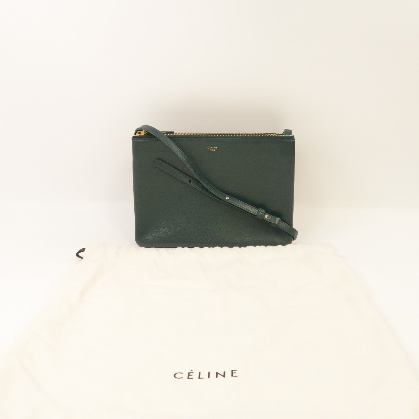 CELINE 牛皮皮革Trio金扣肩背袋綠色