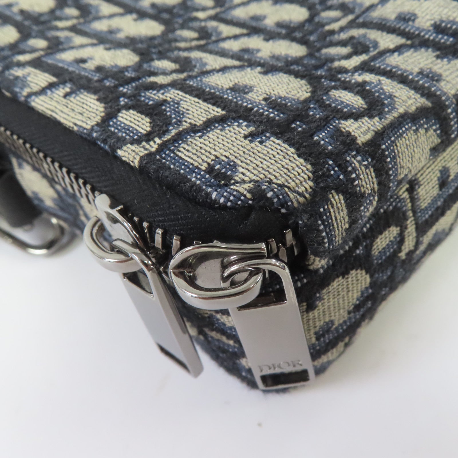 Dior Oblique帆布Zipped Pouch with Strap銀扣肩背袋藍色/米色