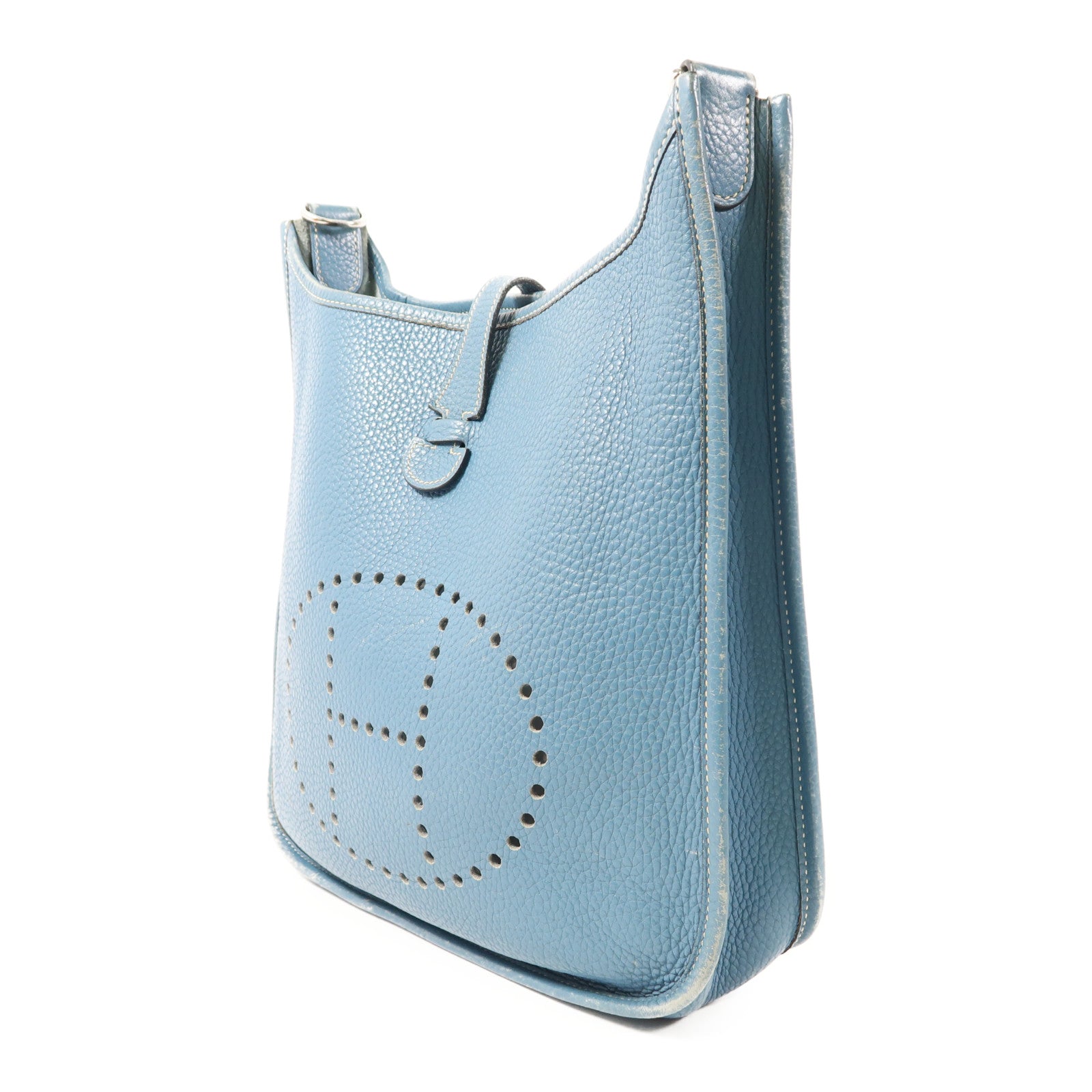 HERMES Clemence皮革Evelyne PM銀扣肩背袋Bleu Jean