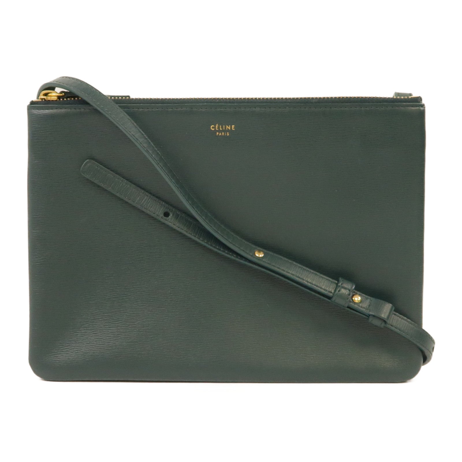 CELINE 牛皮皮革Trio金扣肩背袋綠色