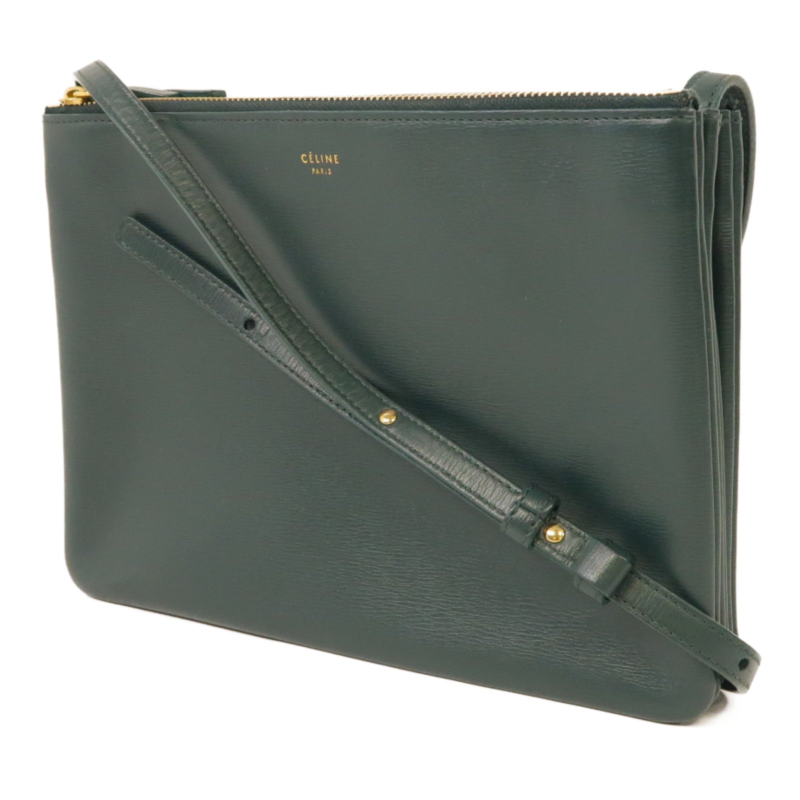 CELINE 牛皮皮革Trio金扣肩背袋綠色
