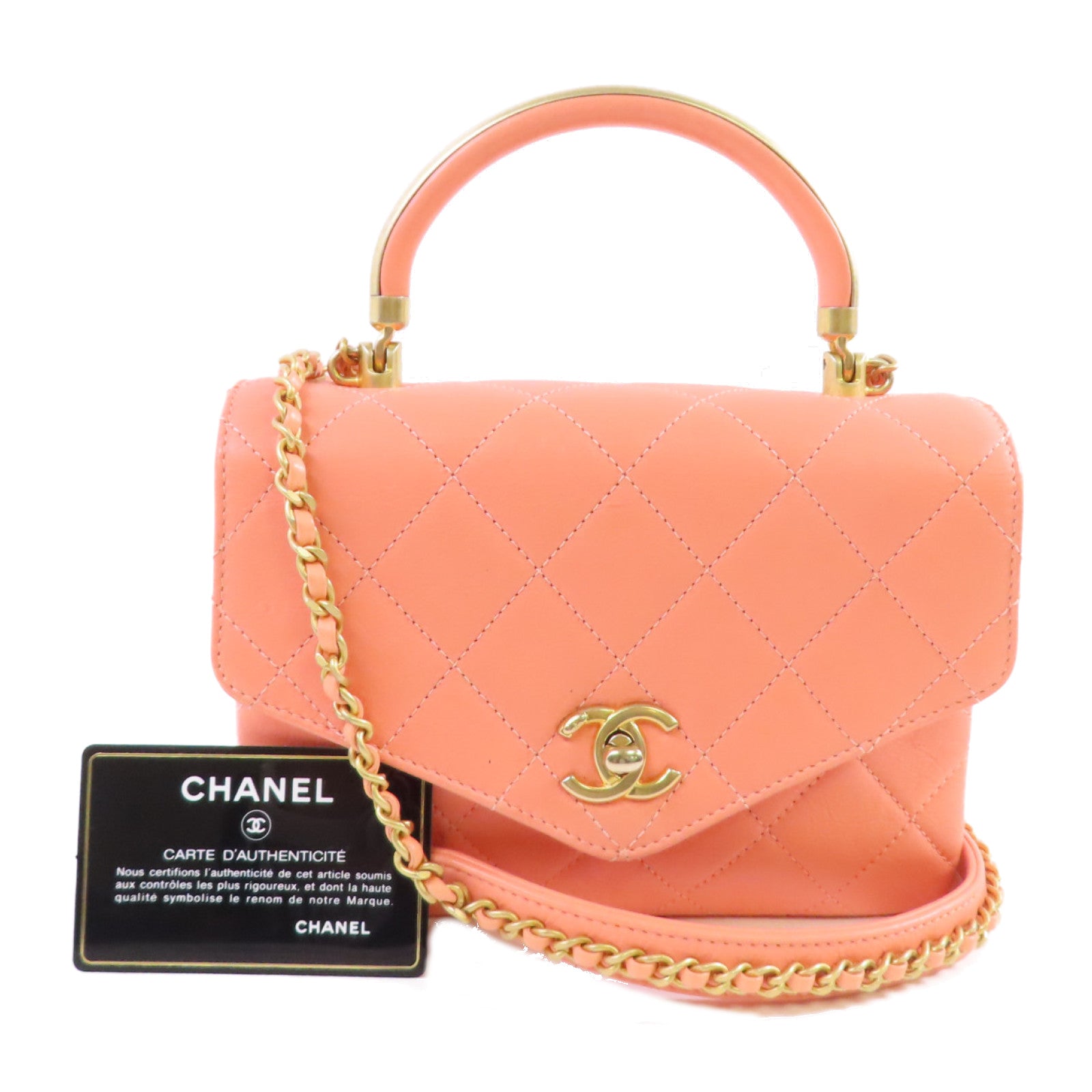 CHANEL 牛皮皮革2Way Chain Shoulder Bag金扣鏈帶肩背袋三文魚粉色