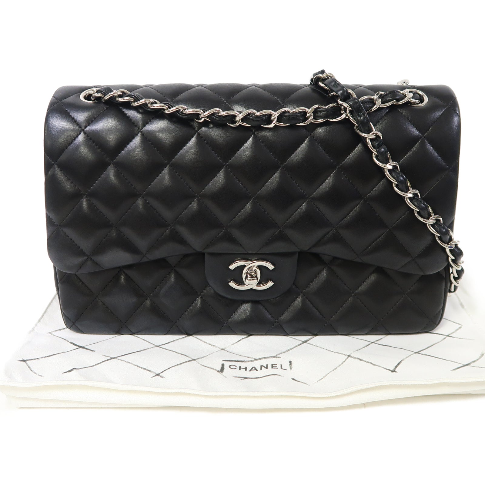 CHANEL 菱格羊皮皮革Classic Jumbo銀扣鏈帶肩背袋黑色