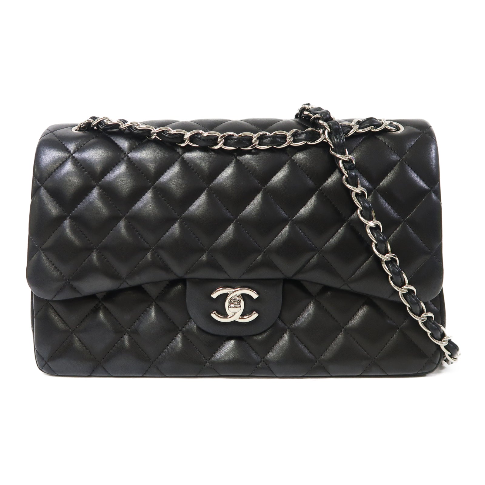 CHANEL 菱格羊皮皮革Classic Jumbo銀扣鏈帶肩背袋黑色