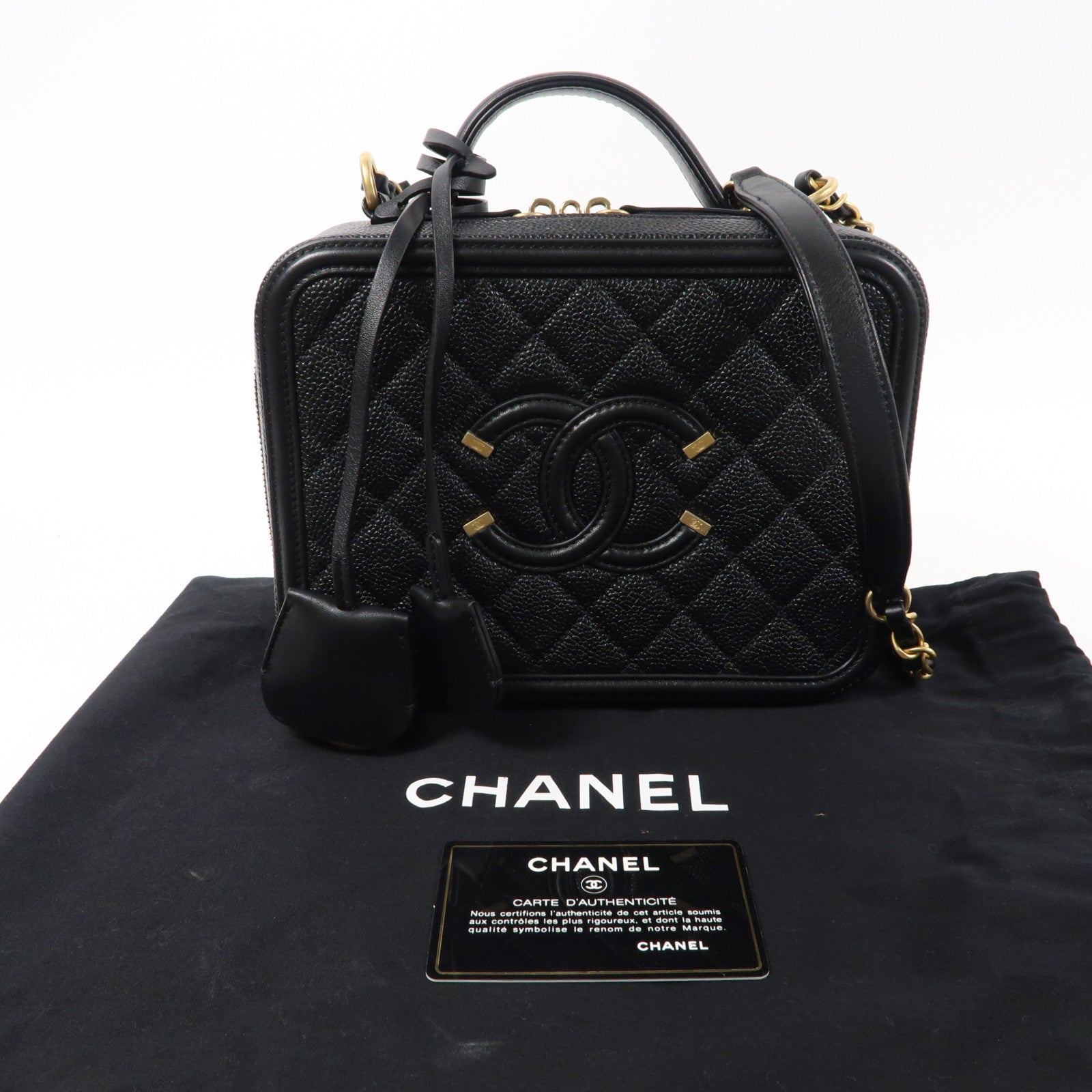 CHANEL 菱格Caviar皮革Vanity Case金扣手挽肩背兩用袋黑色