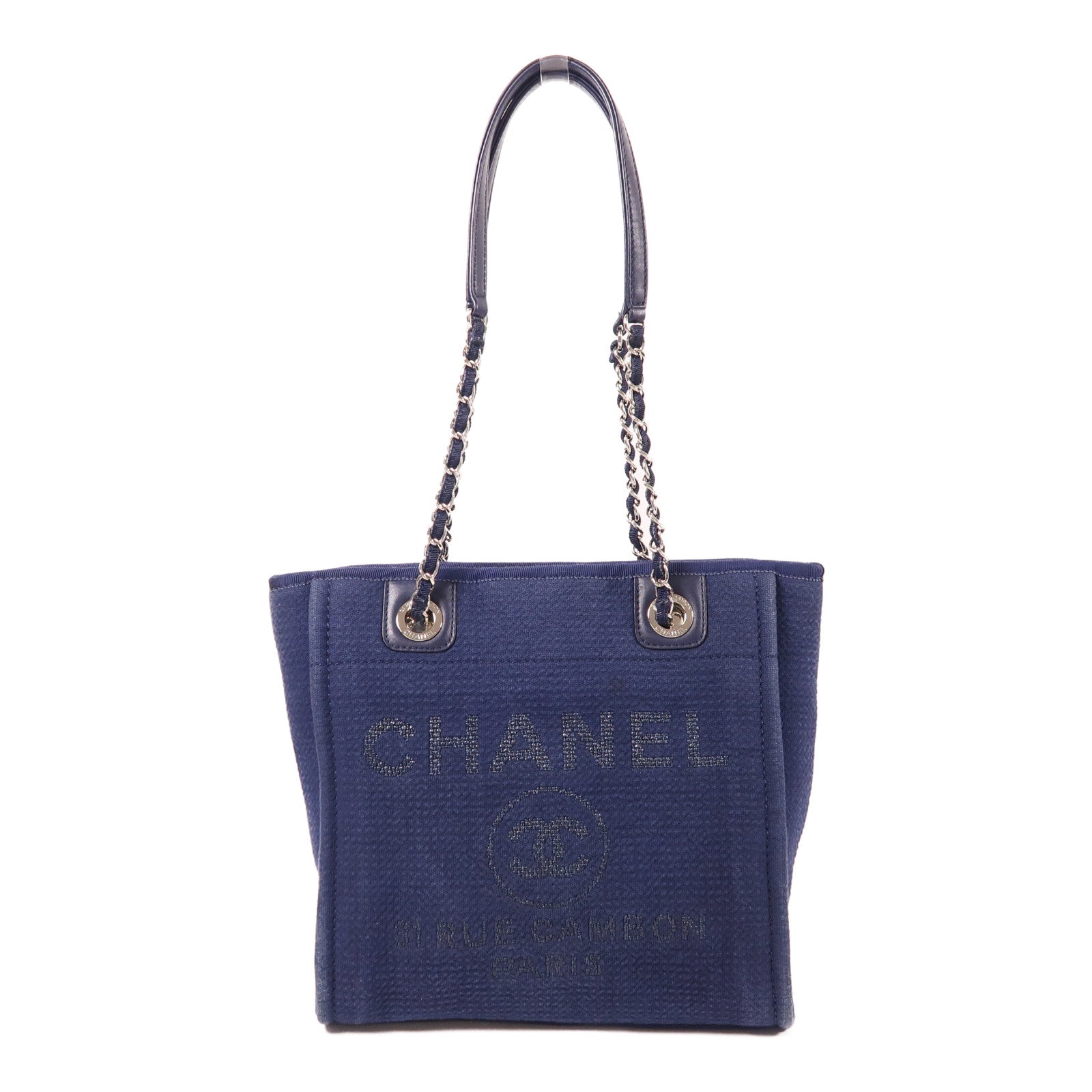 CHANEL 帆布Mini Deauville Tote銀扣鏈帶肩背袋